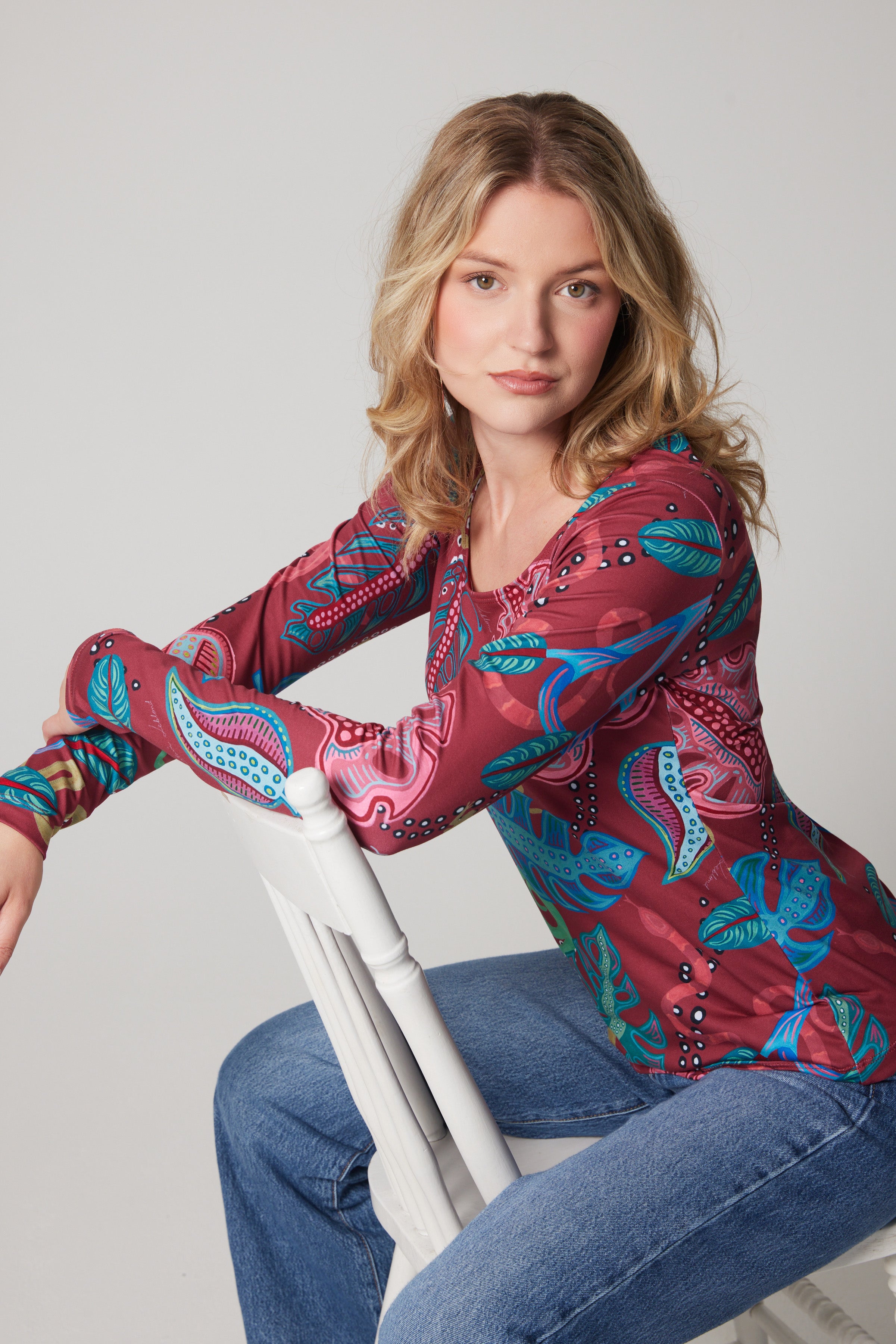 Long Sleeve Scoop Neck - Monstera