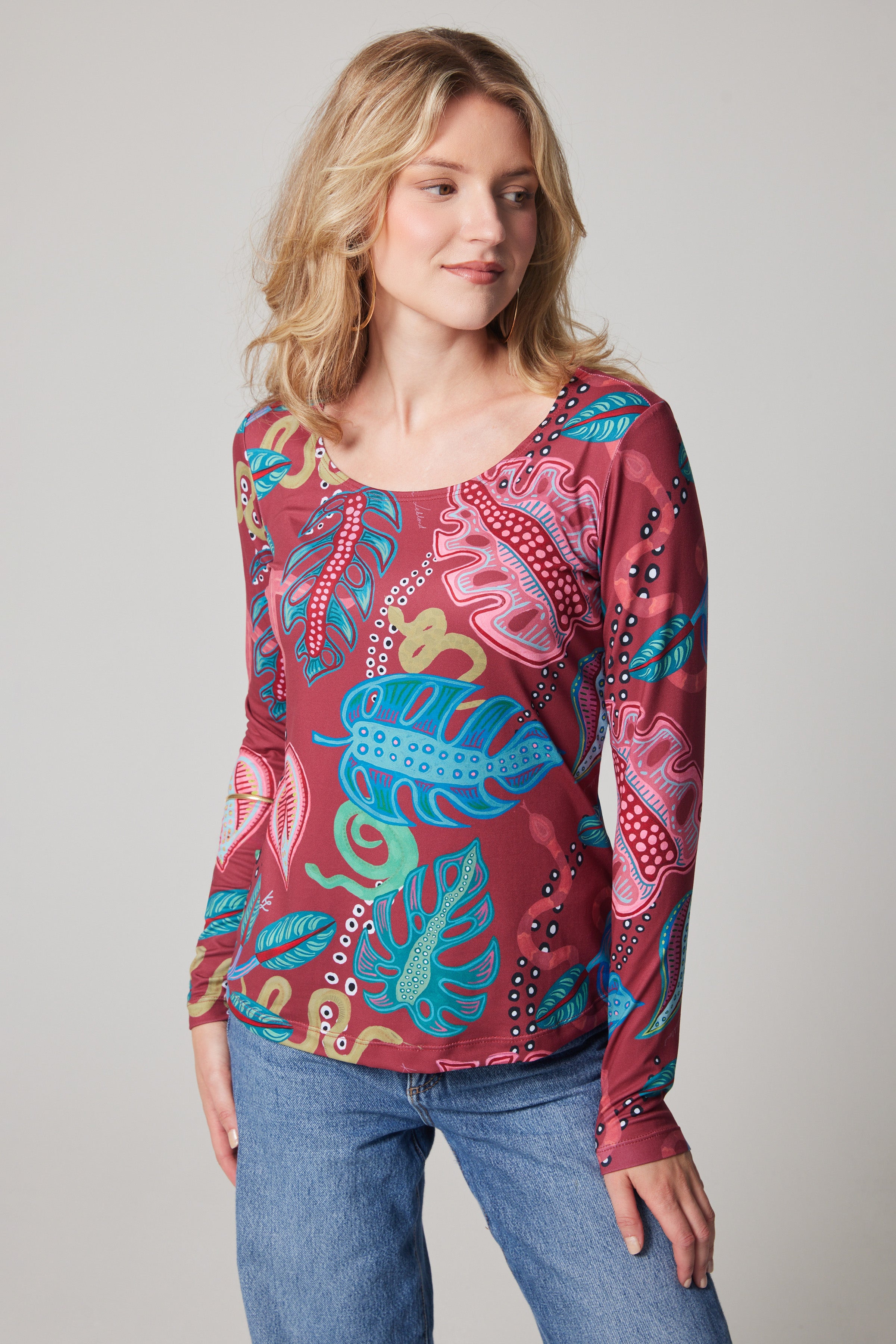 Long Sleeve Scoop Neck - Monstera