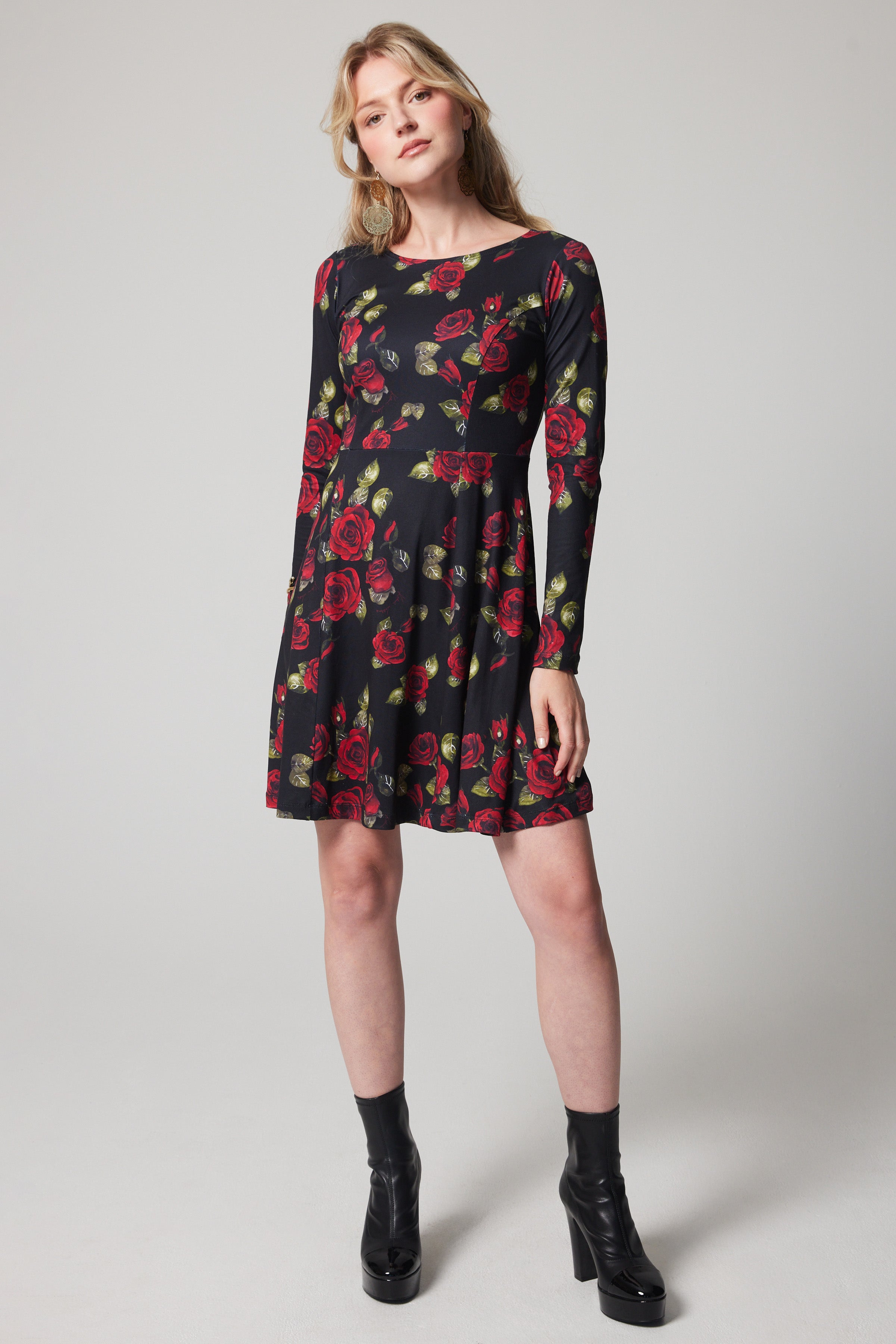 Fit and Flare Long-sleeve Dress - Roses
