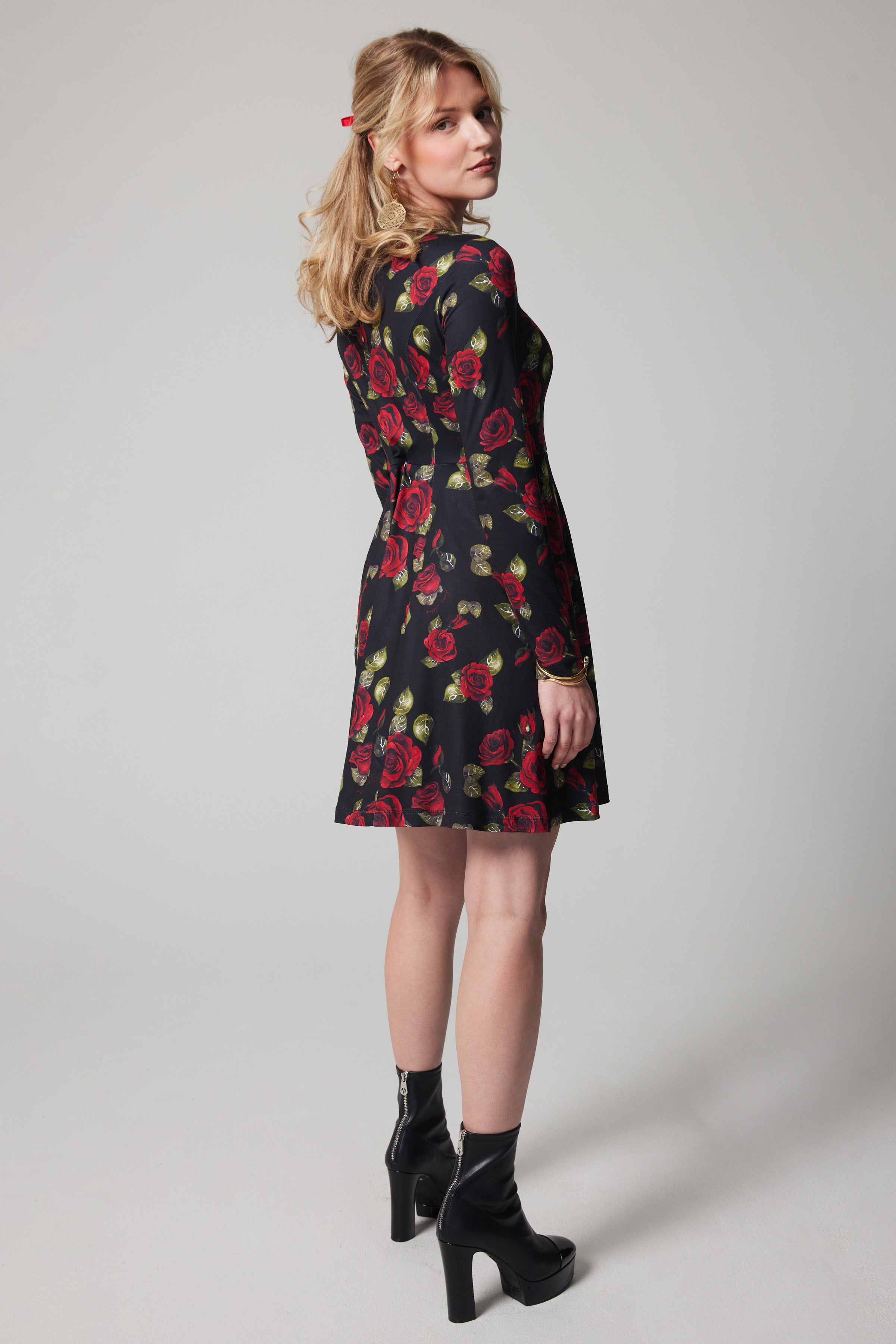 Fit and Flare Long-sleeve Dress - Roses