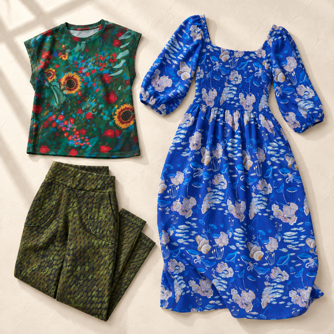 Artist's Garden muscle tee, blue Moonlit dress and green knit pants on an ivory background