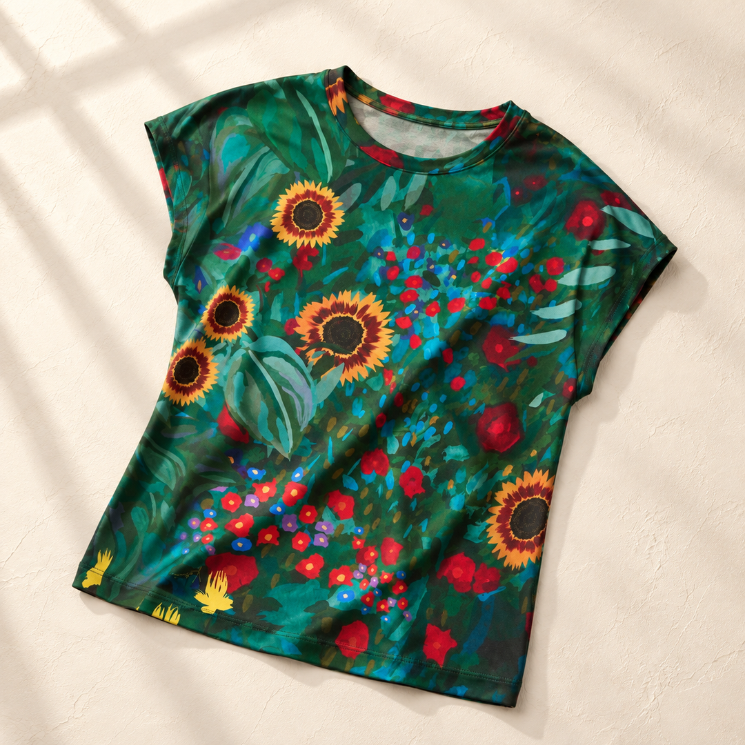 Artist's Garden muscle tee with sunflowers and green foliage on an ivory background