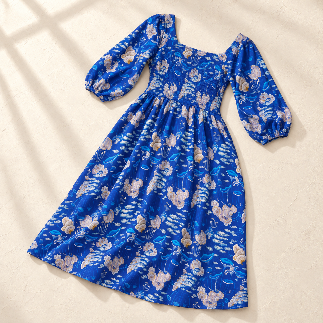 Blue Moonlit puff-sleeve midi dress laid on an ivory background