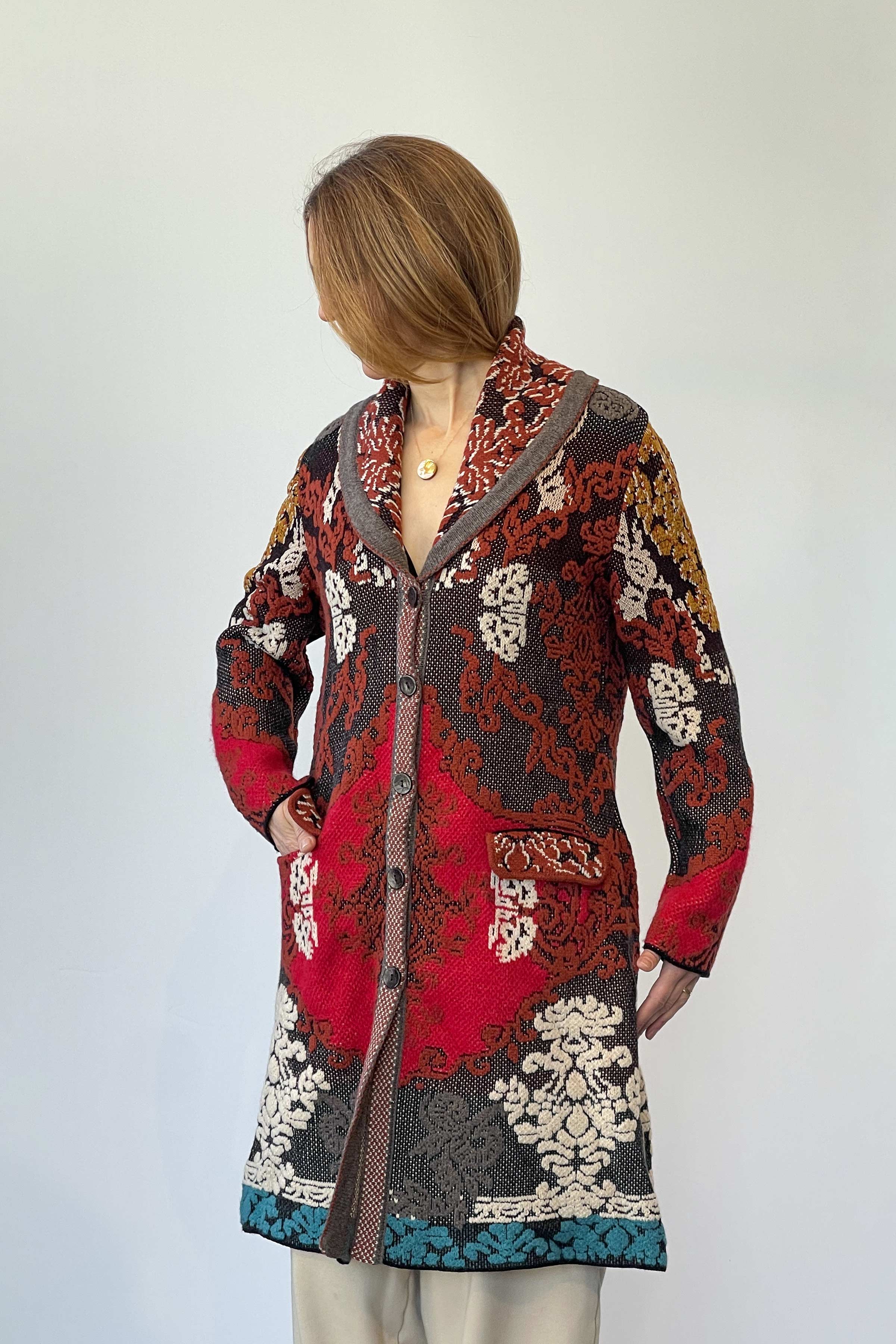 Coat , Brocade Floral Pattern - red-brown