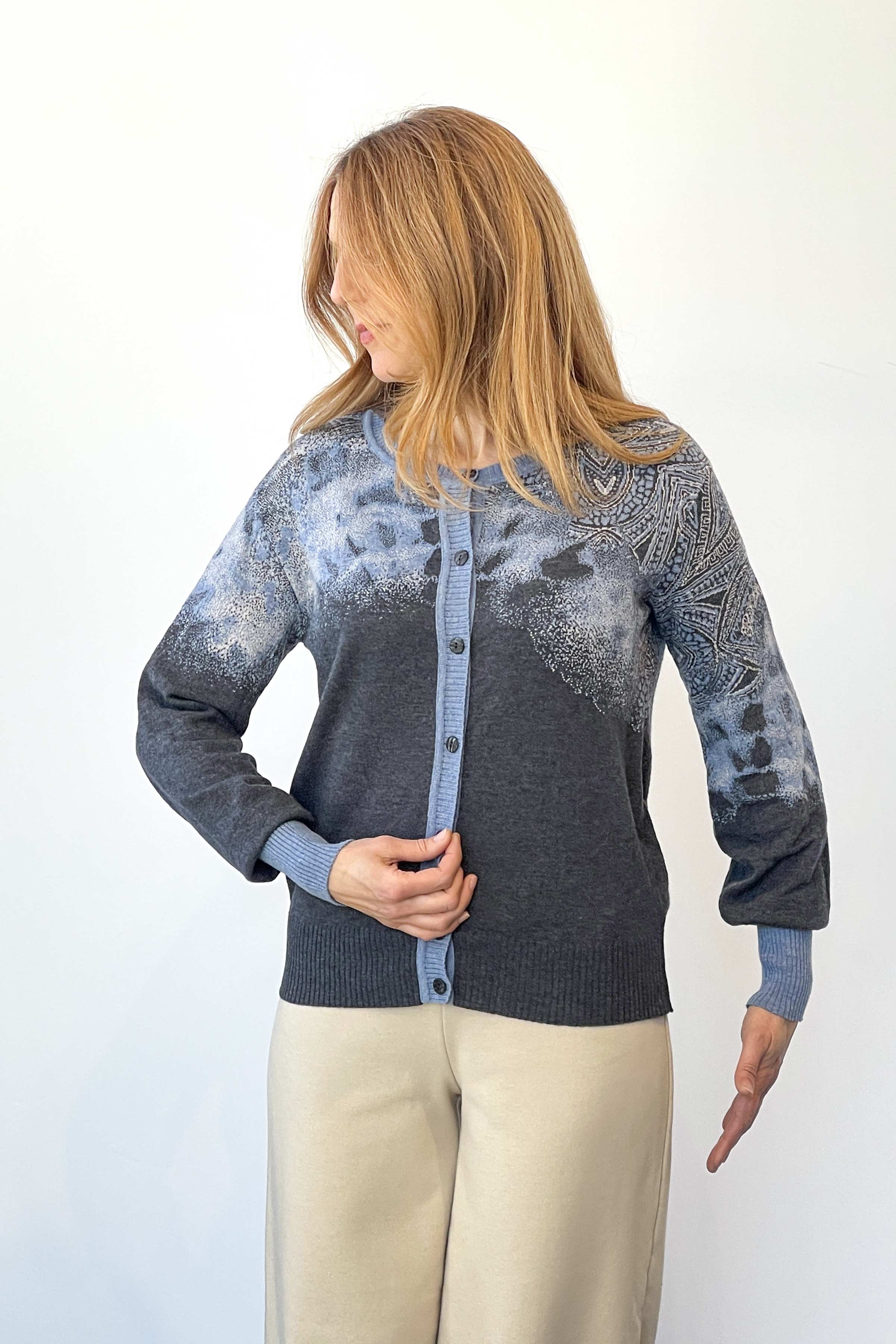 Cardigan, Intarsia Pattern - Grey