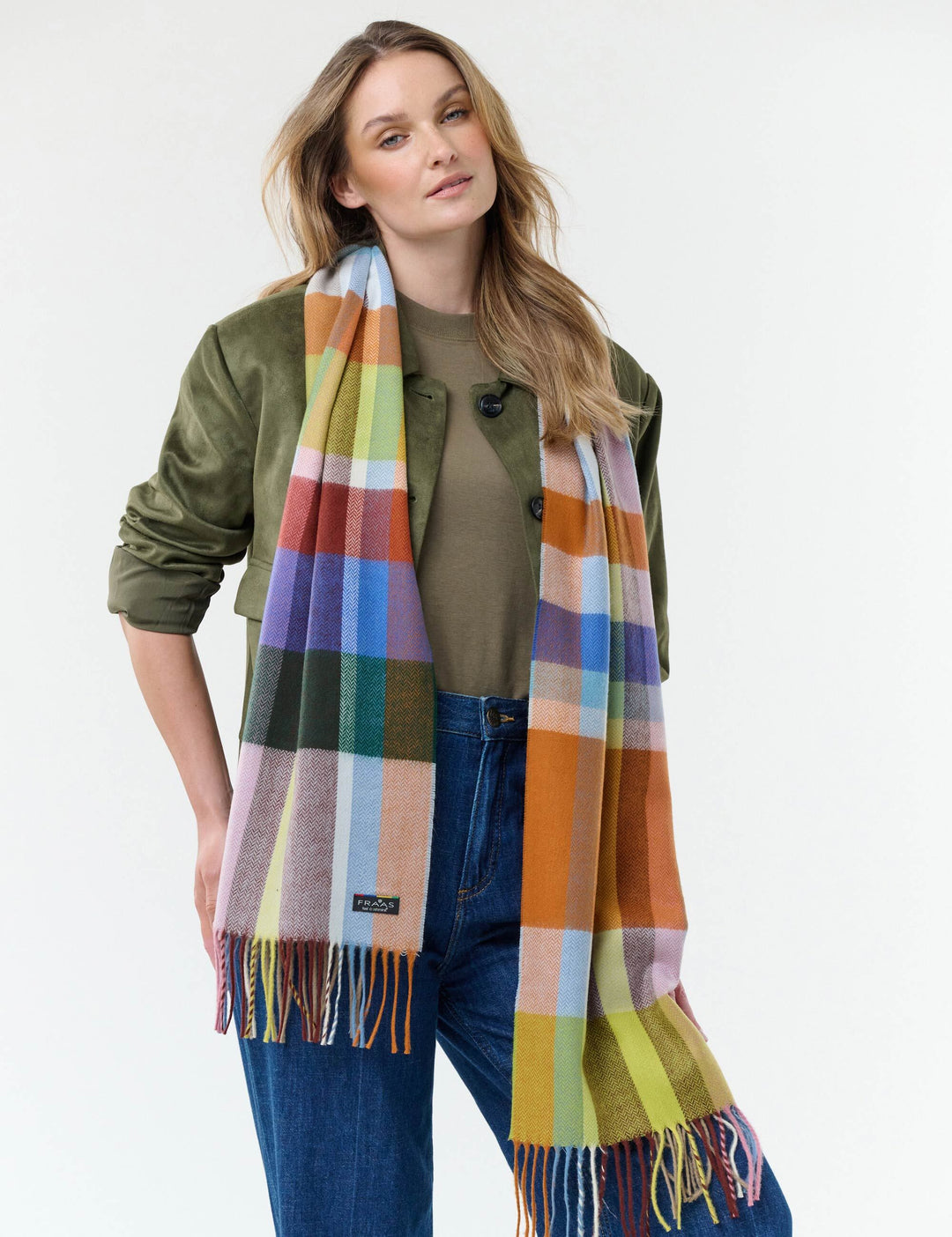 FRAAS Herringbone Check Cashmink Scarf - Zen Blue, view 1