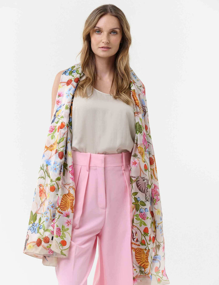XL SILK STOLE WITH PLANT AND ANIMAL DESIGN - Light