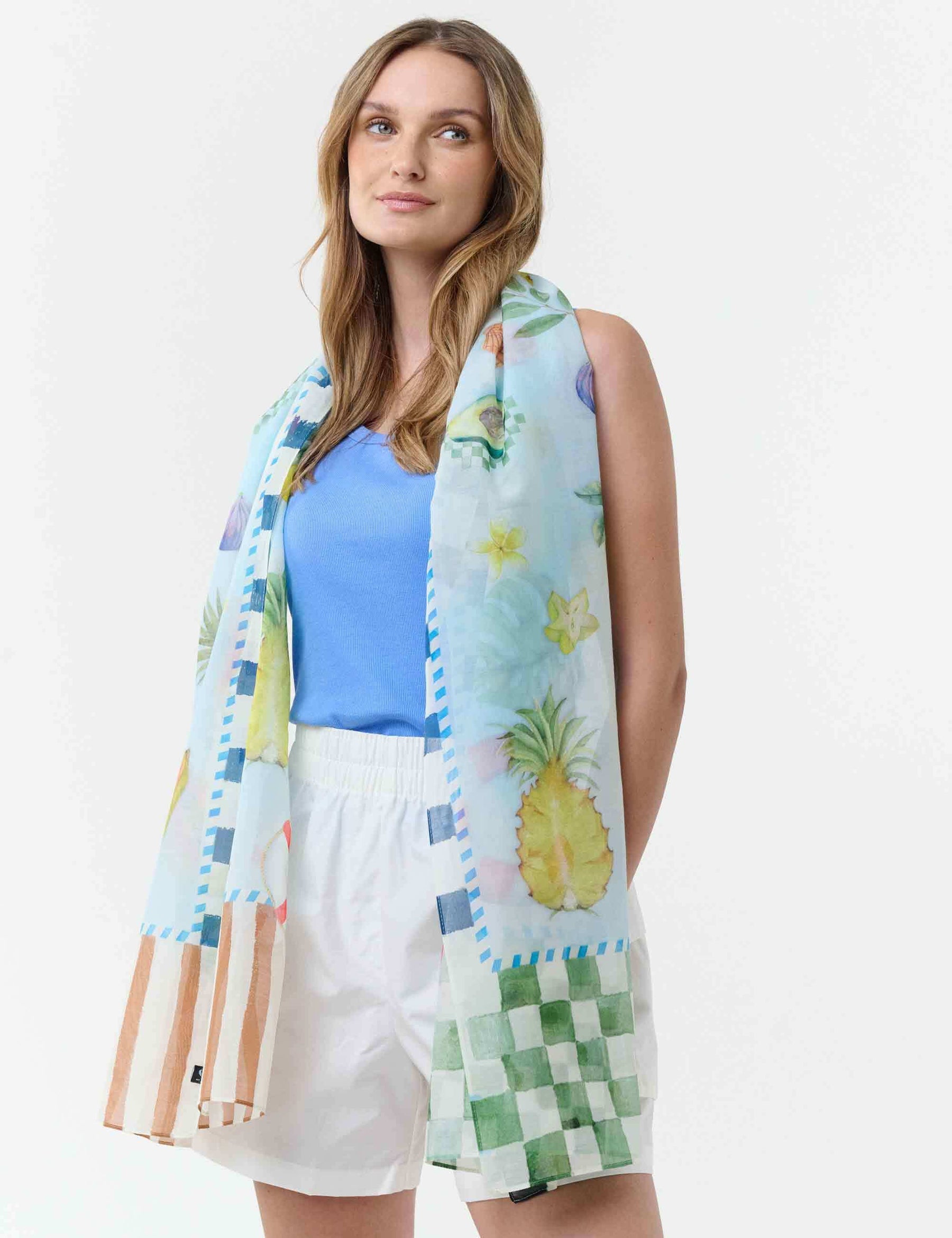 Silk Blend Scarf - Light Blue Vacation Motif