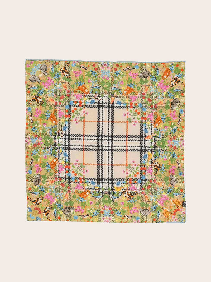 FOULARD EN SOIE À CARREAUX FRAAS ET IMPRIMÉ ANIMAL