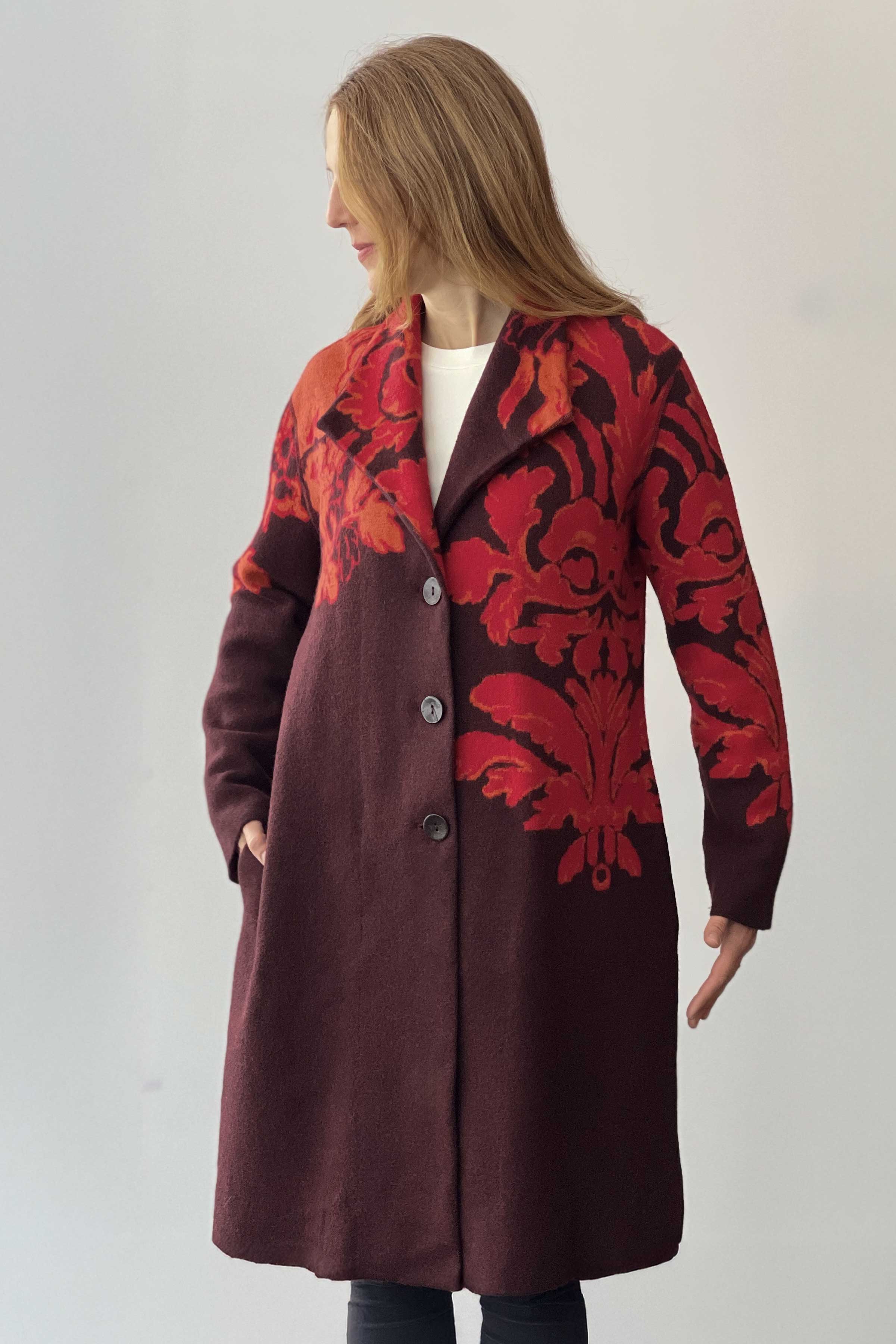 Boiled Wool Coat, Floral Pattern - red-brown