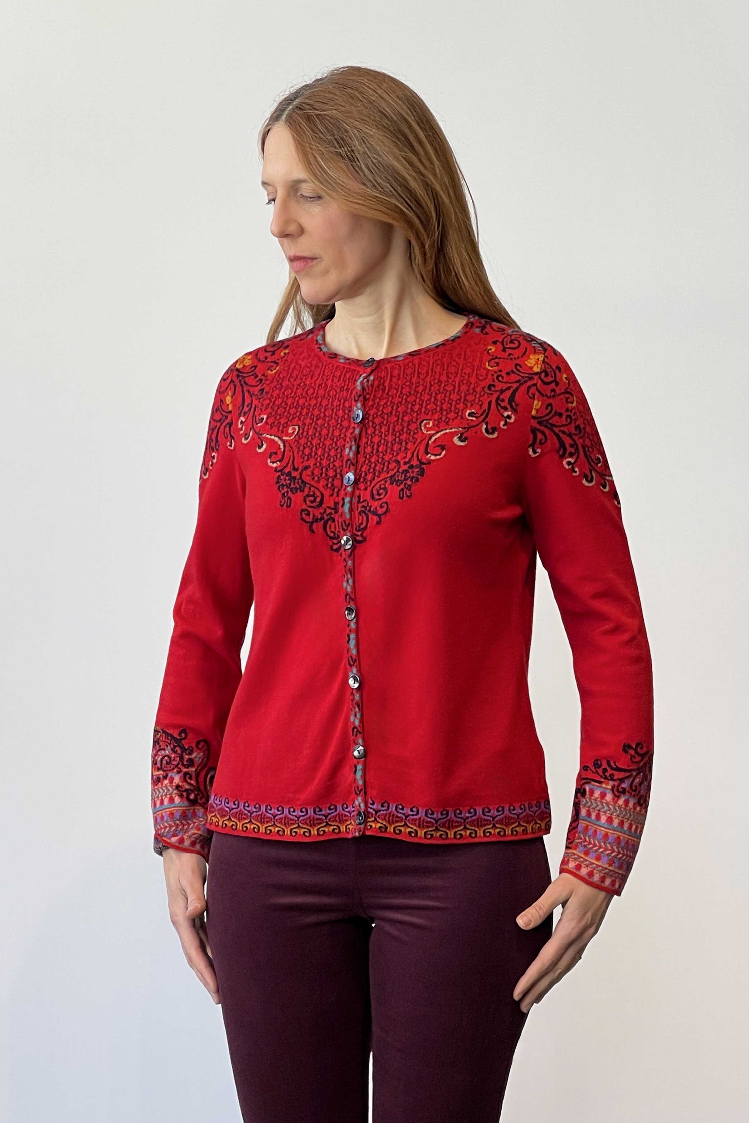 Cardigan, Intarsia Floral Pattern - Red