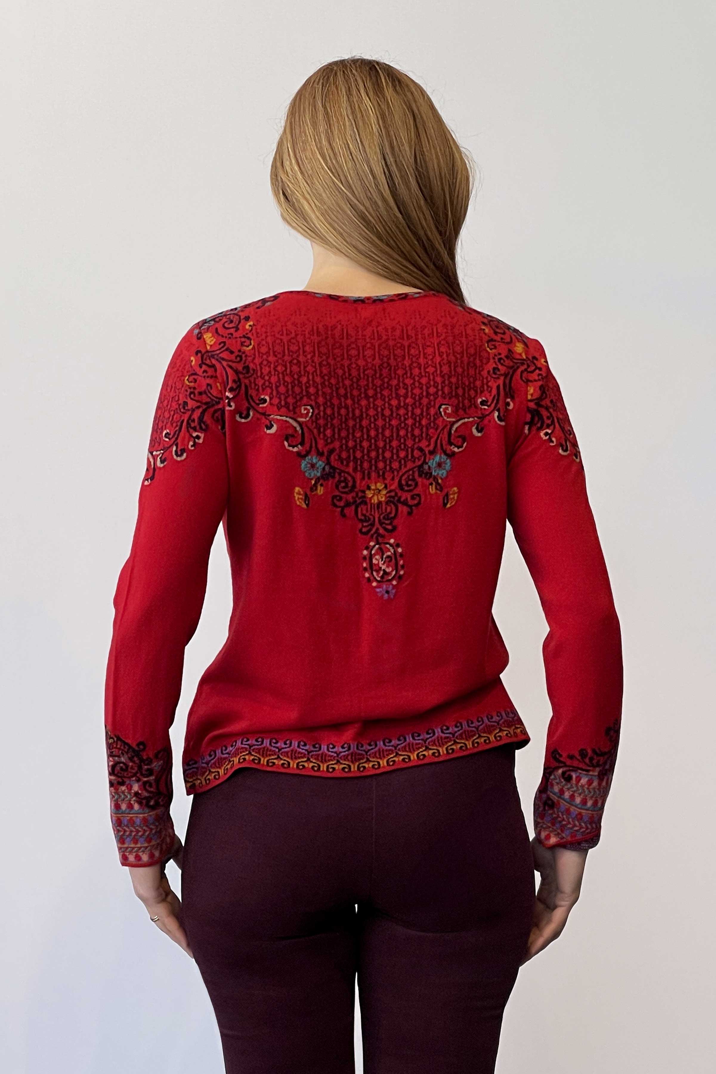 Cardigan, Intarsia Floral Pattern - Red