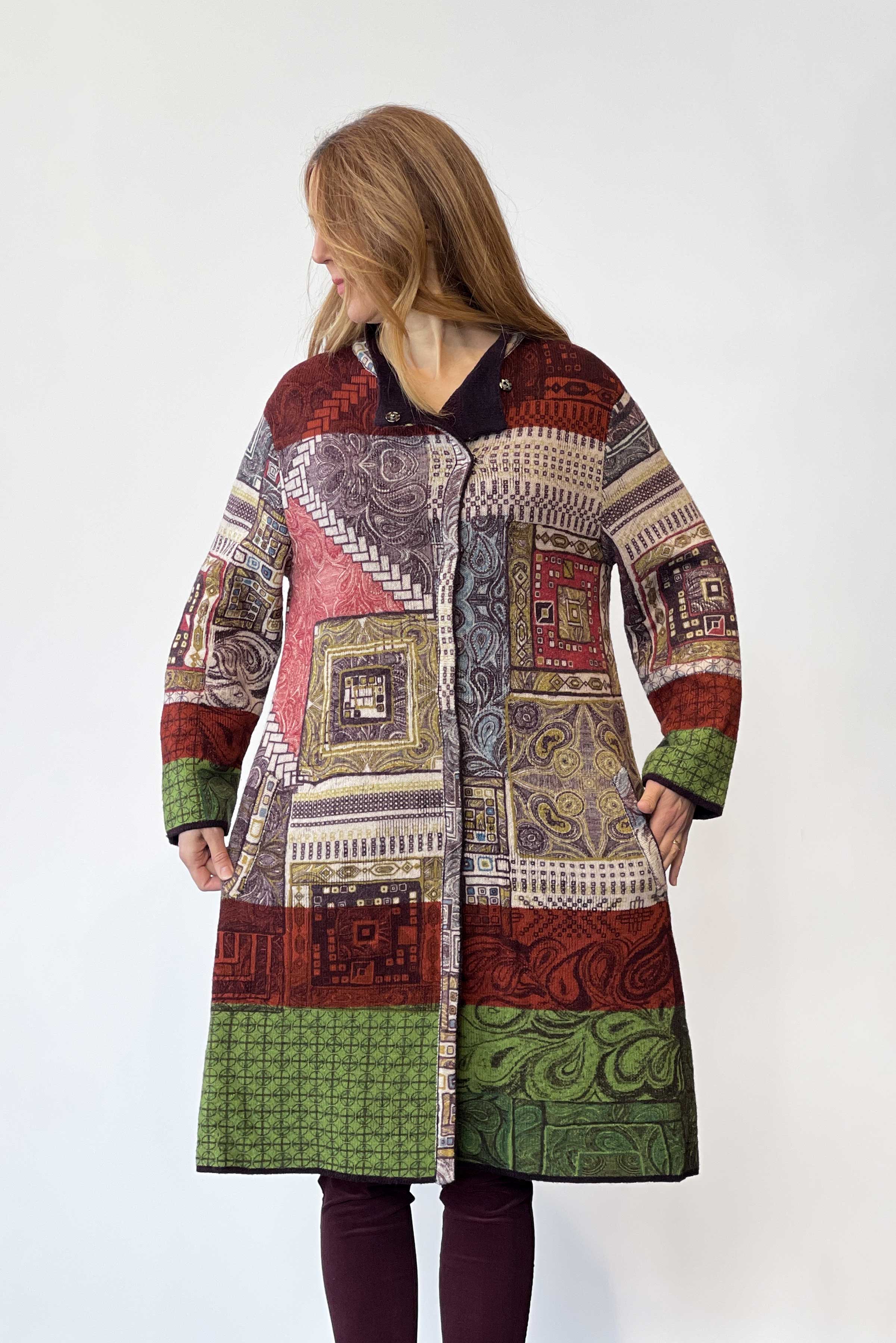 Printed Coat, Geometric Pattern - Brown