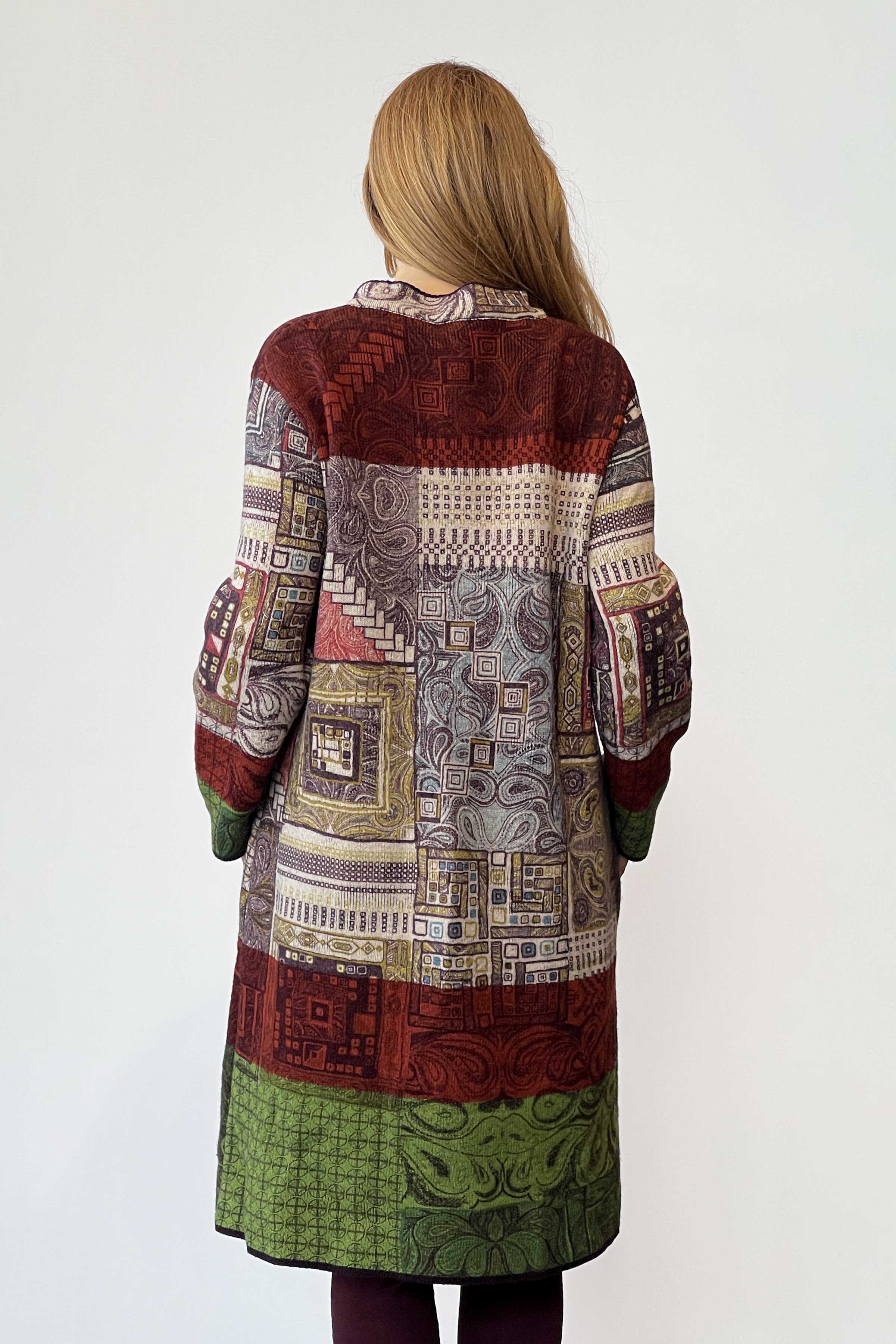 Printed Coat, Geometric Pattern - Brown