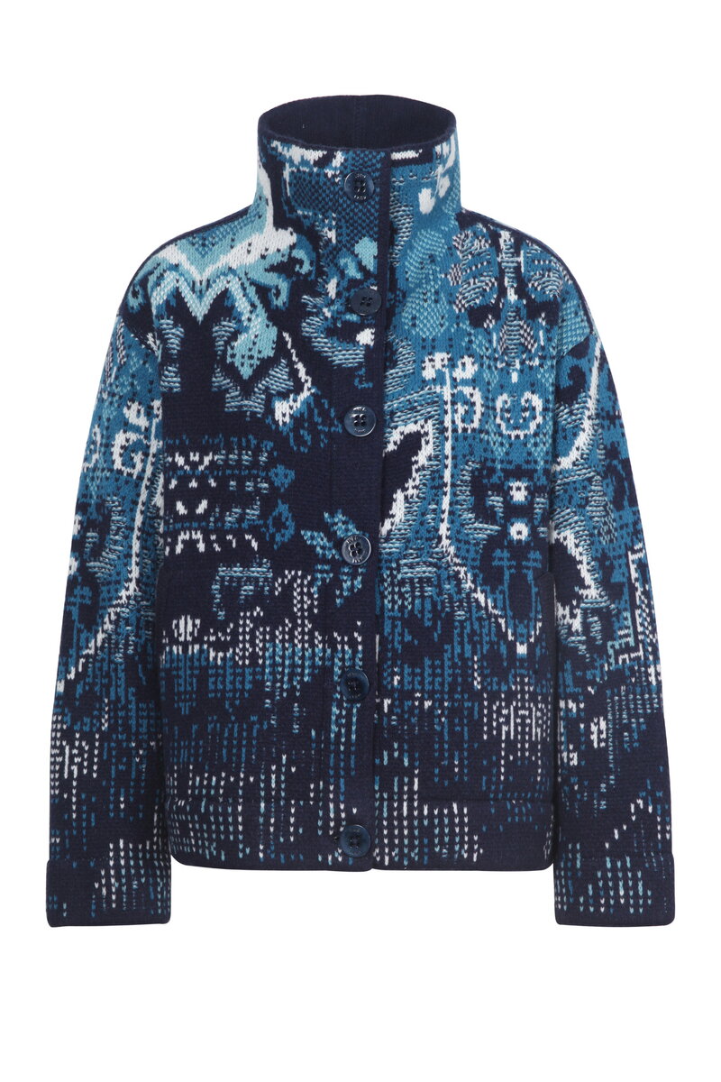 Jacquard Rollneck Jacket, Kilim Pattern - Navy
