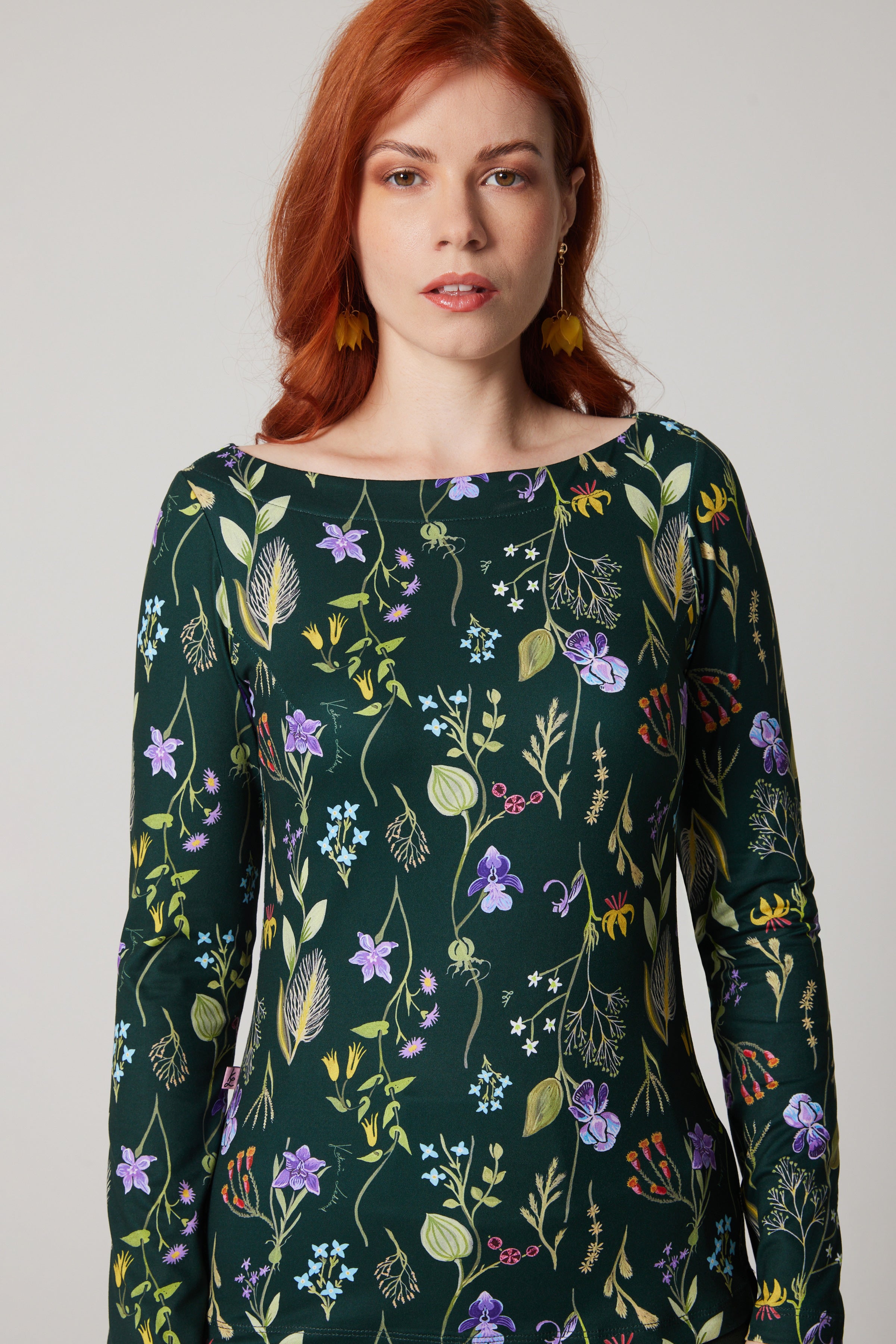 Boat Neck Long Sleeve Top - Laurentian Flowers - Green