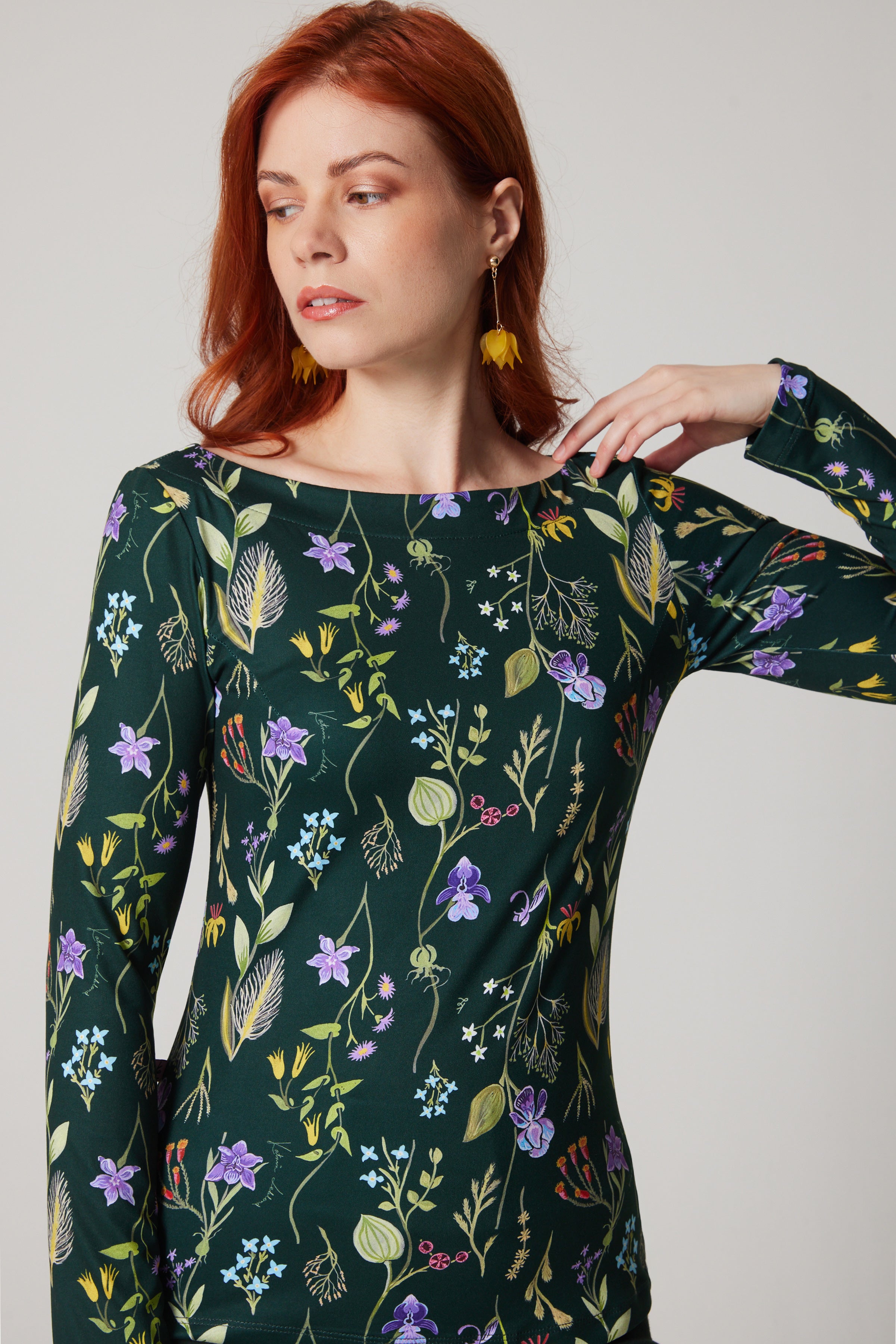 Boat Neck Long Sleeve Top - Laurentian Flowers - Green