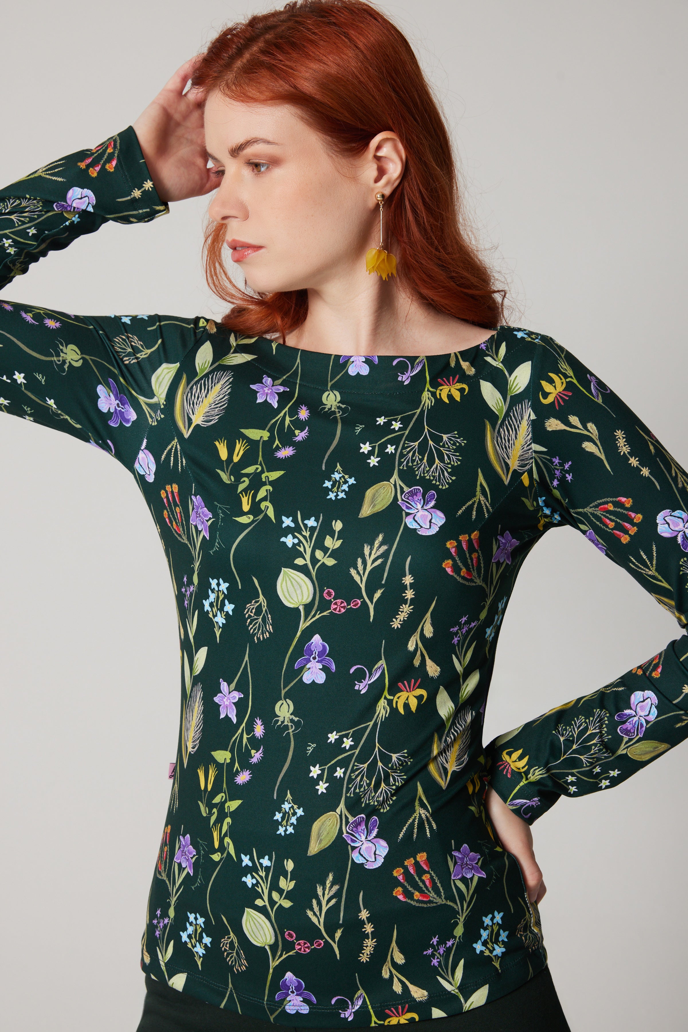 Boat Neck Long Sleeve Top - Laurentian Flowers - Green