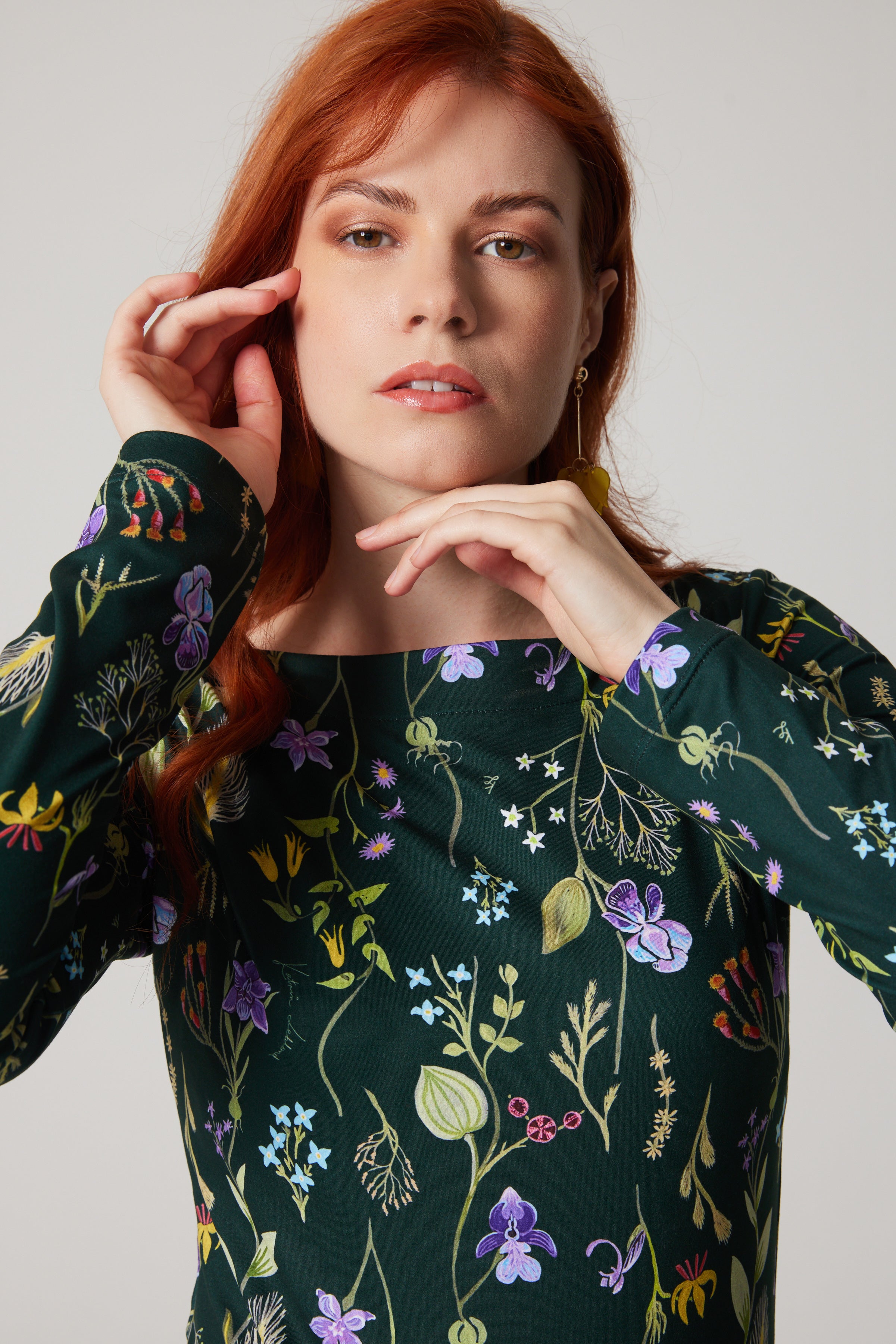 Boat Neck Long Sleeve Top - Laurentian Flowers - Green