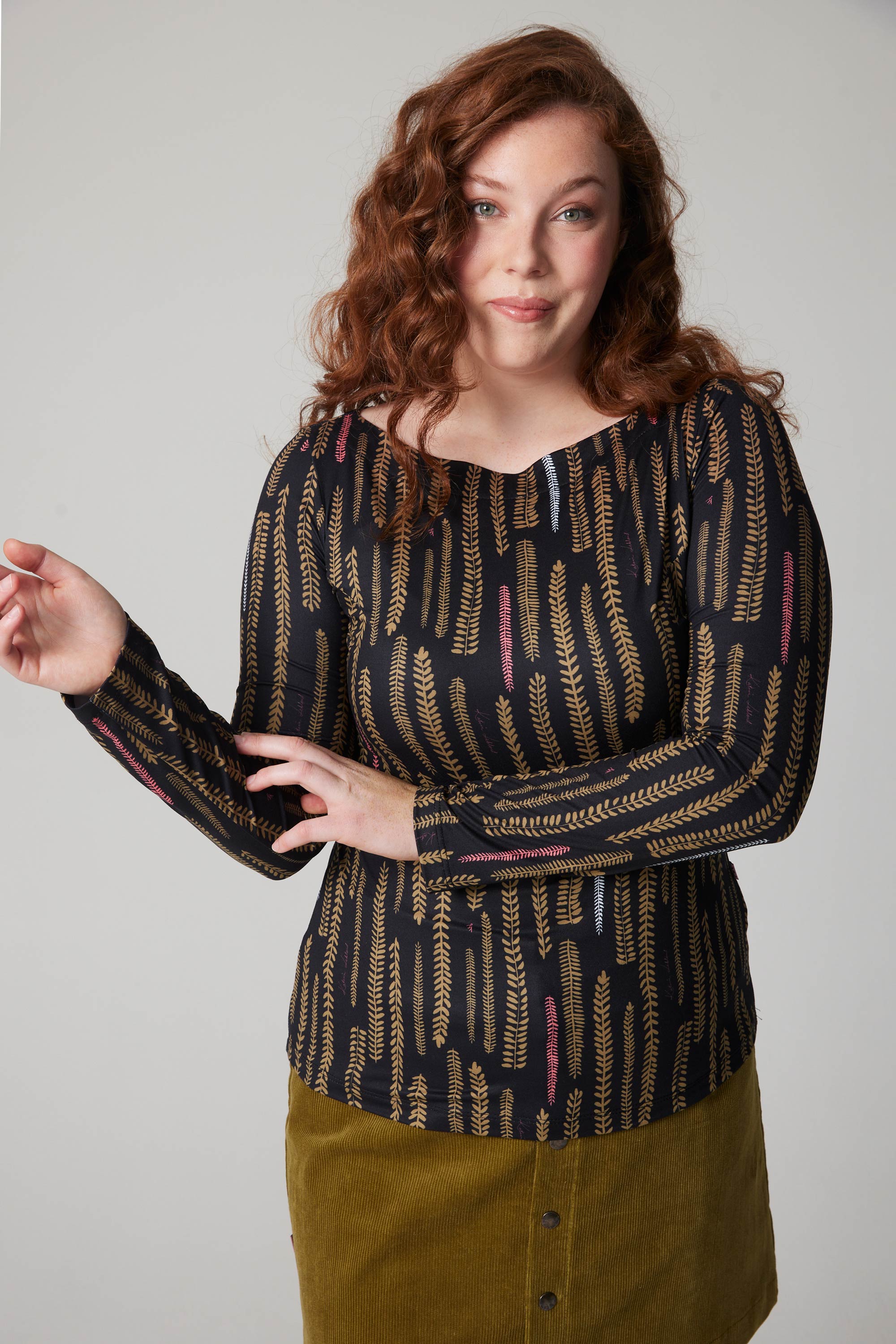 Boat Neck Long Sleeve Top - Twig Gold