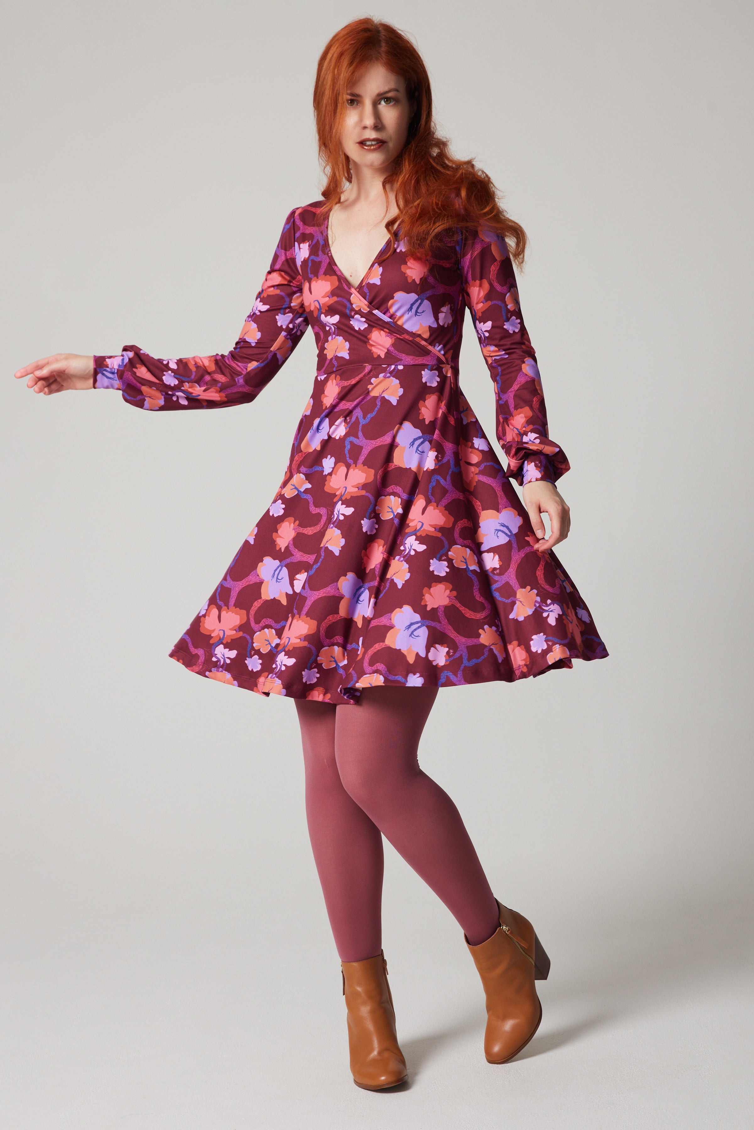 Cross Over Dress - Branching - Burgundy