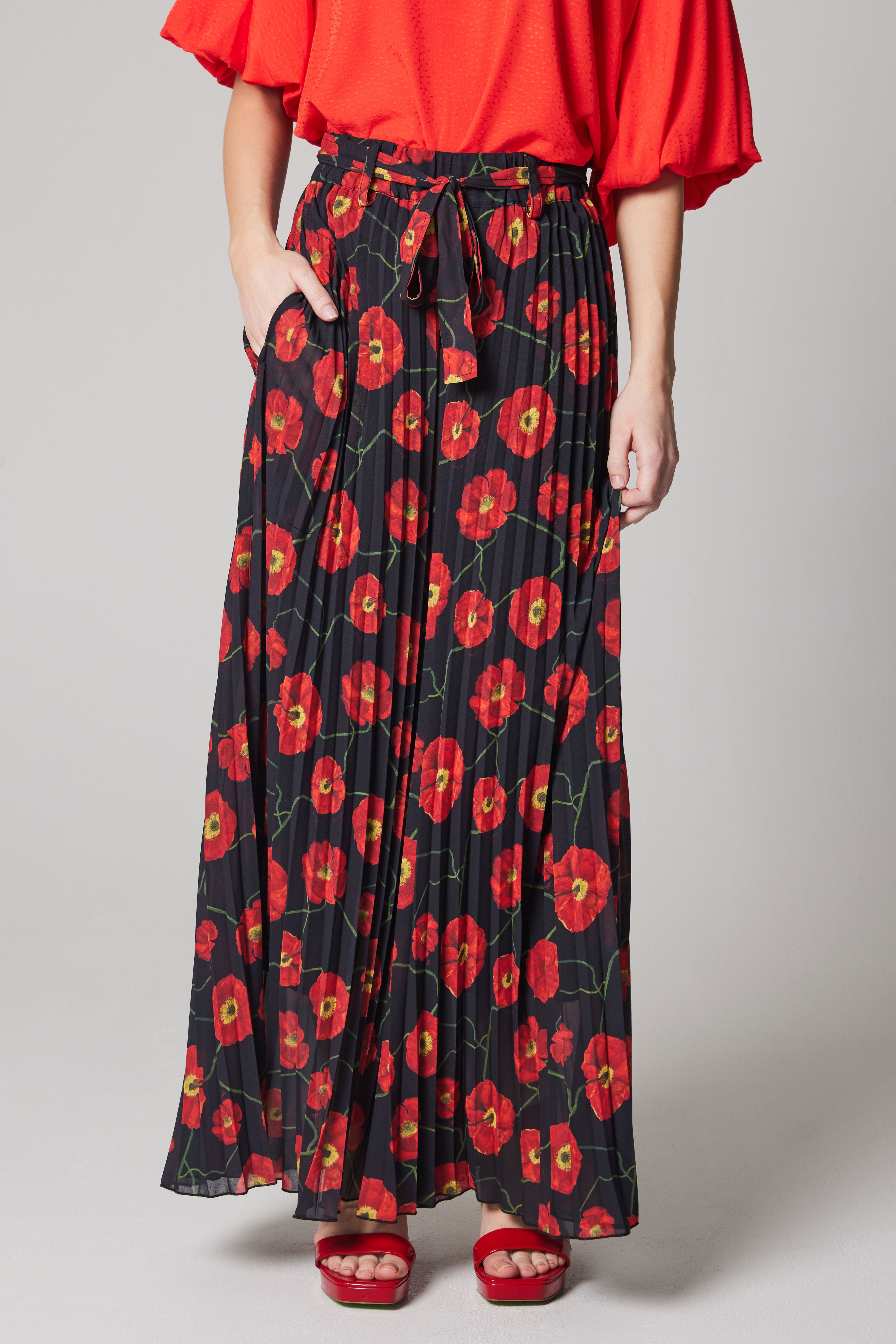 Pleated Palazzo Pant - Poppies