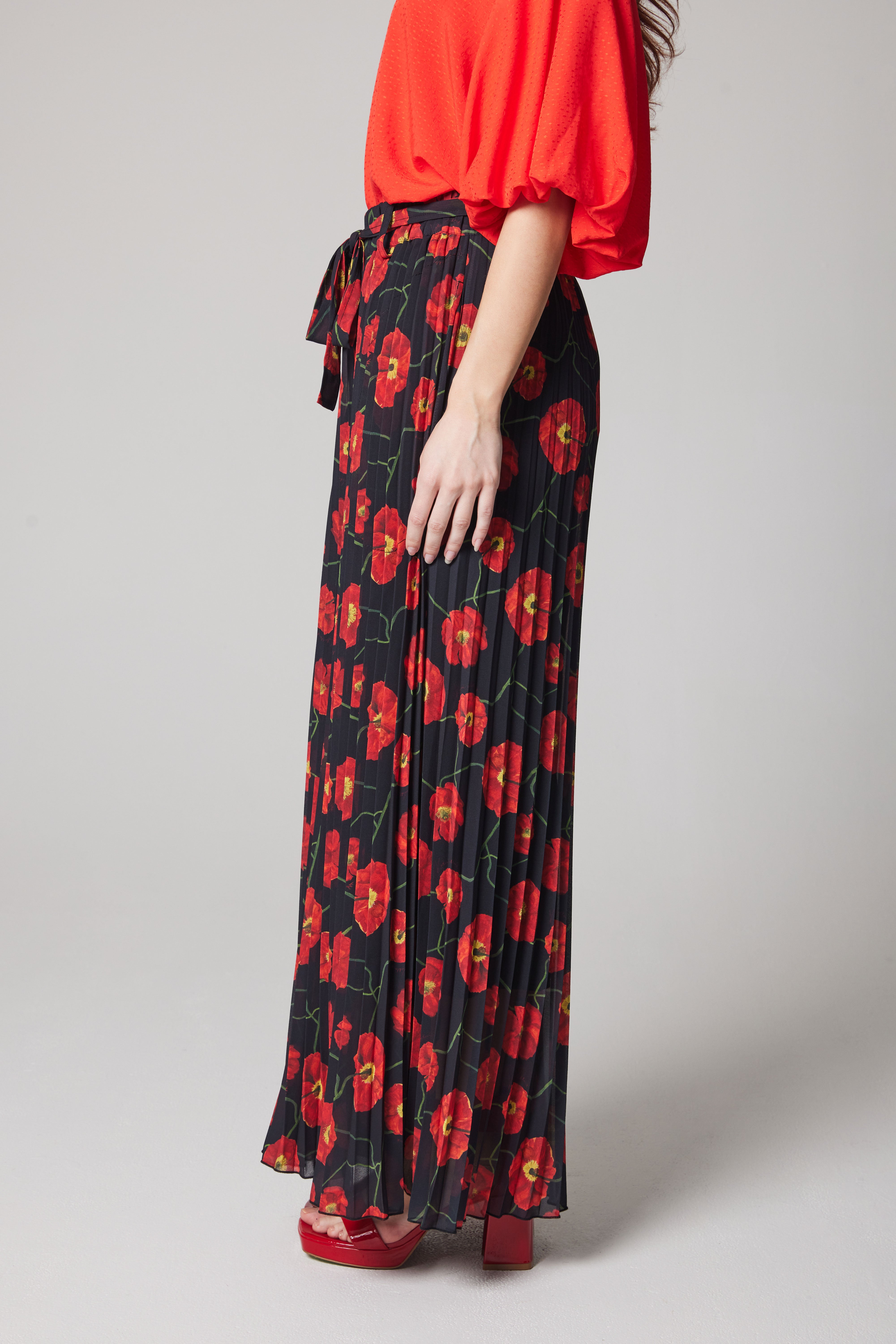 Pleated Palazzo Pant - Poppies