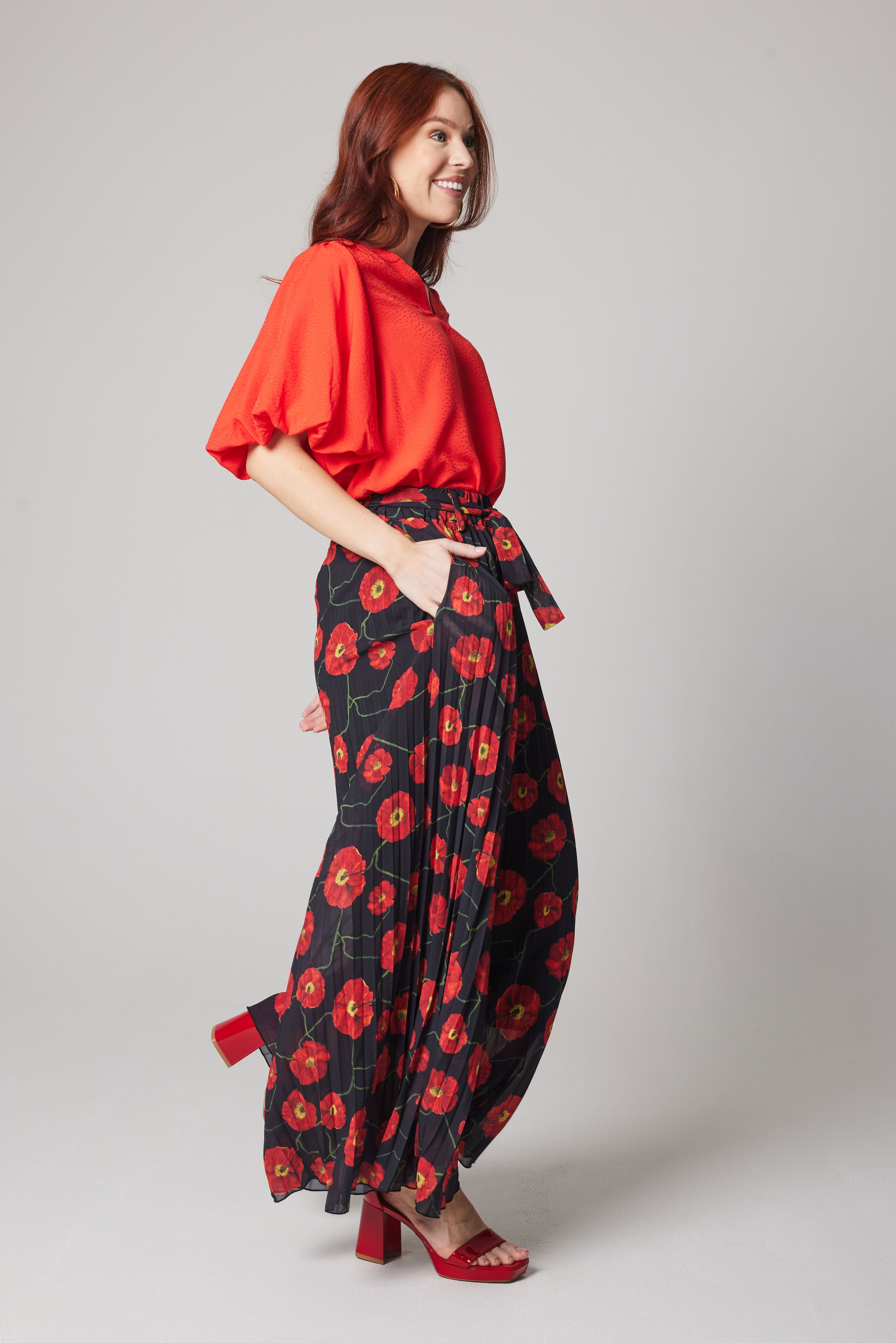 Pleated Palazzo Pant - Poppies