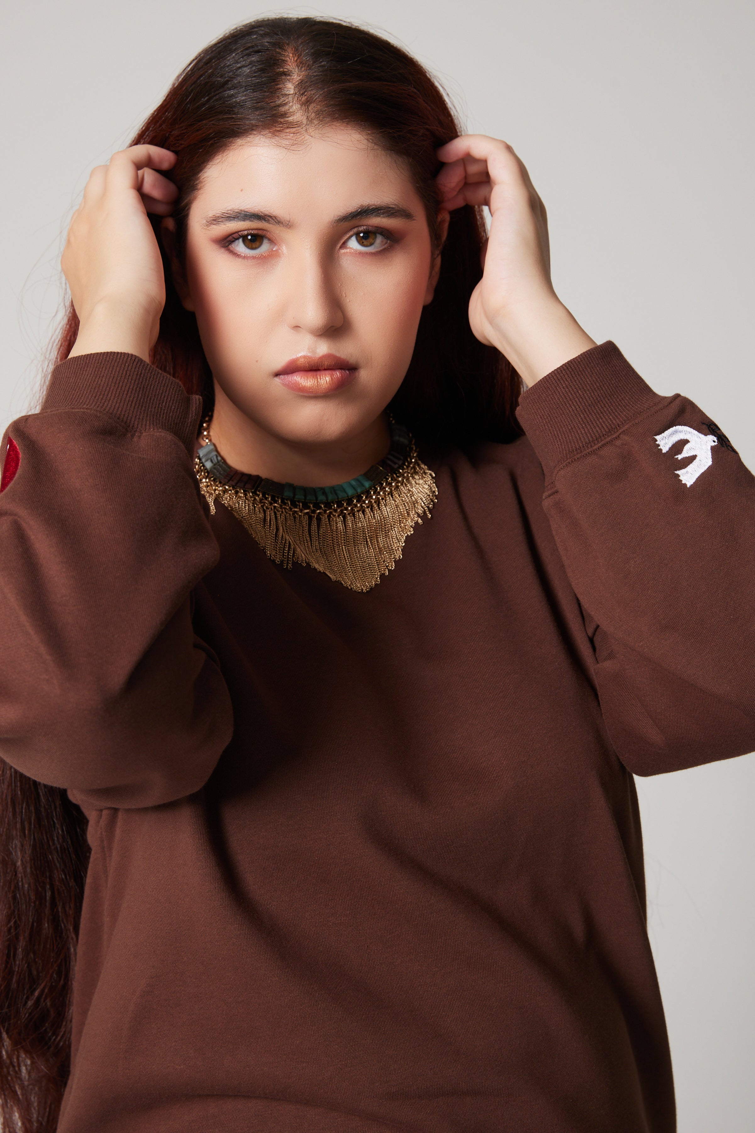 Embroidered Peace + Love Sweatshirt - Brown