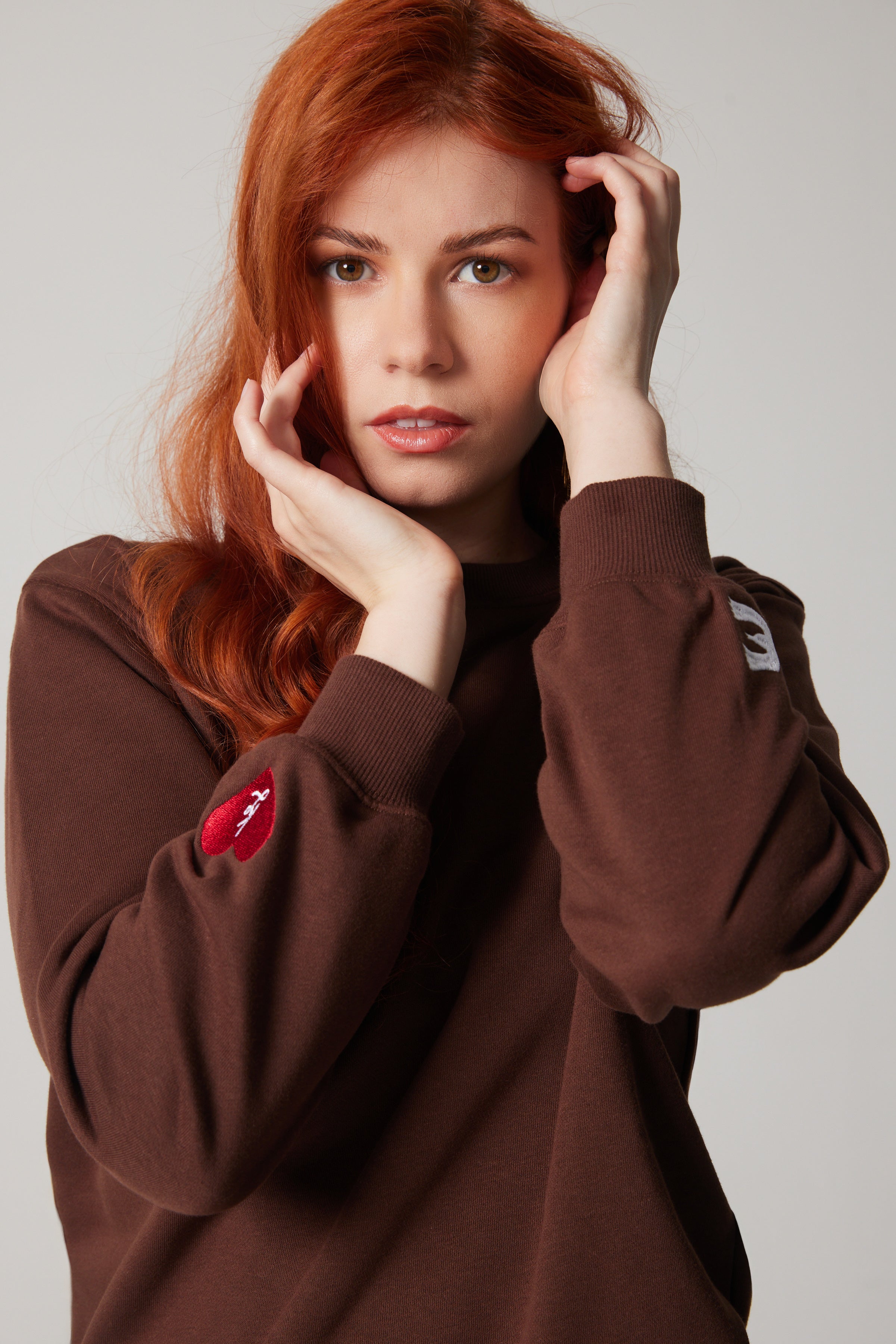 Embroidered Peace + Love Sweatshirt - Brown