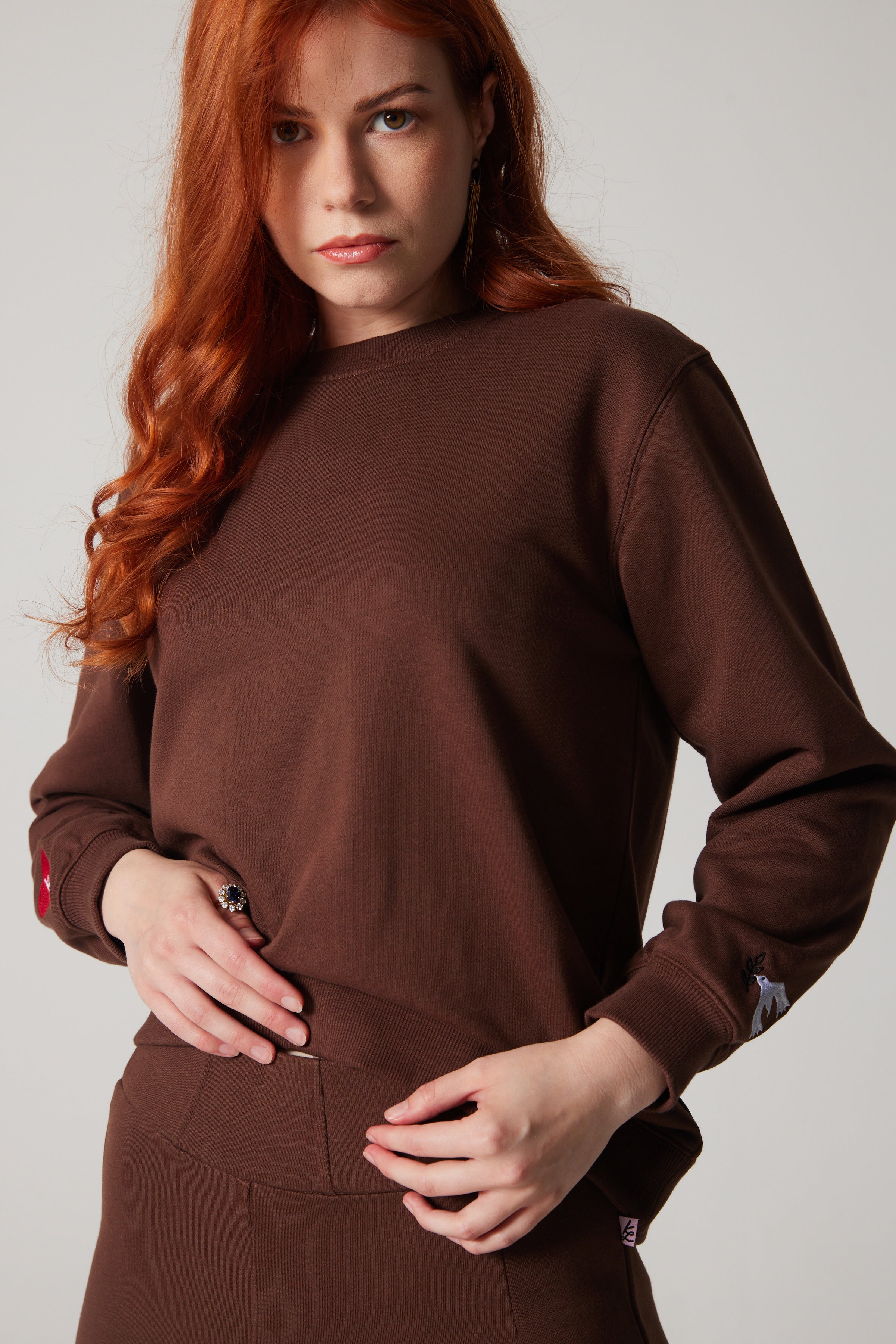 Embroidered Peace + Love Sweatshirt - Brown