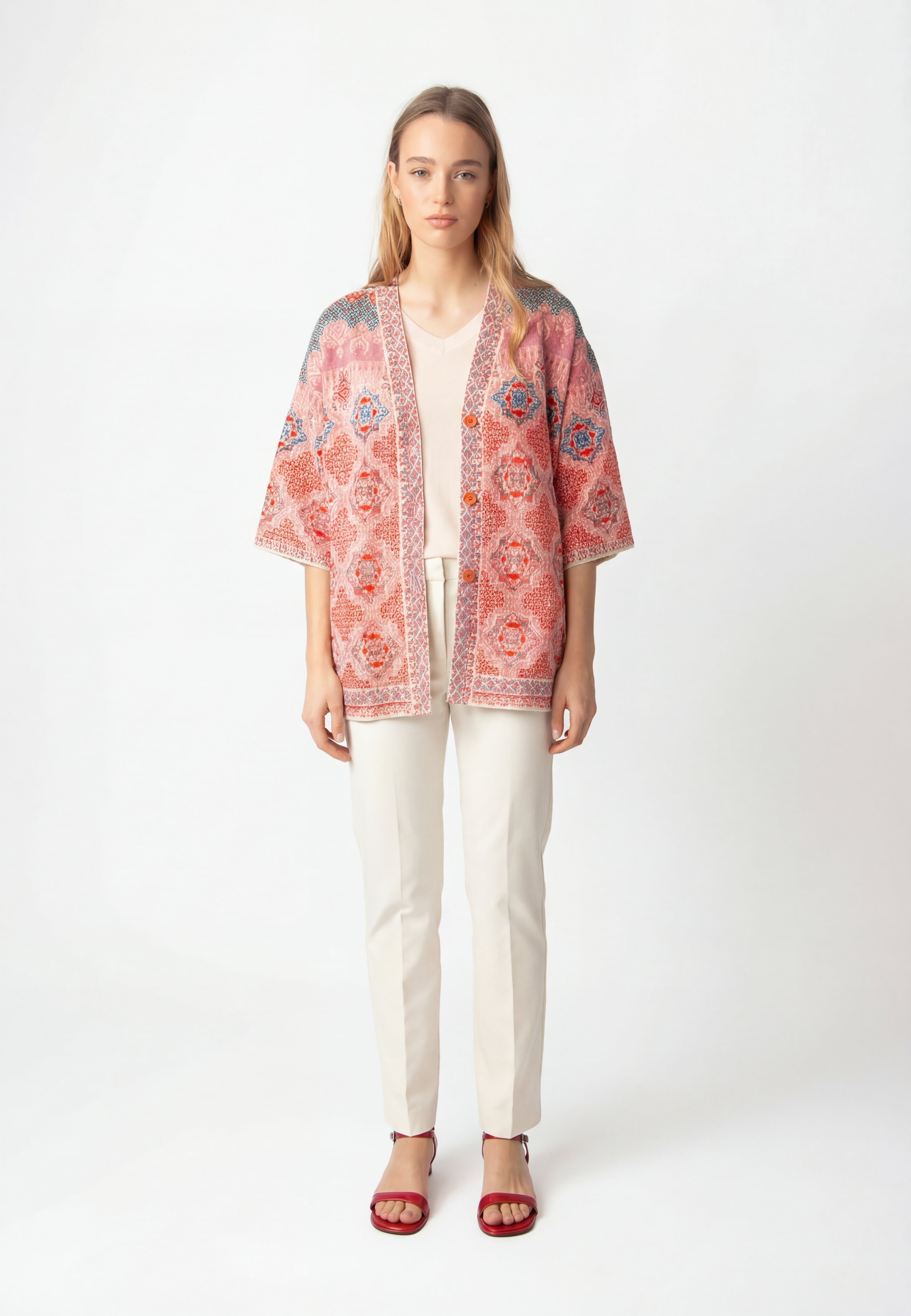 Long Cardigan, Morocco Pattern - Coral