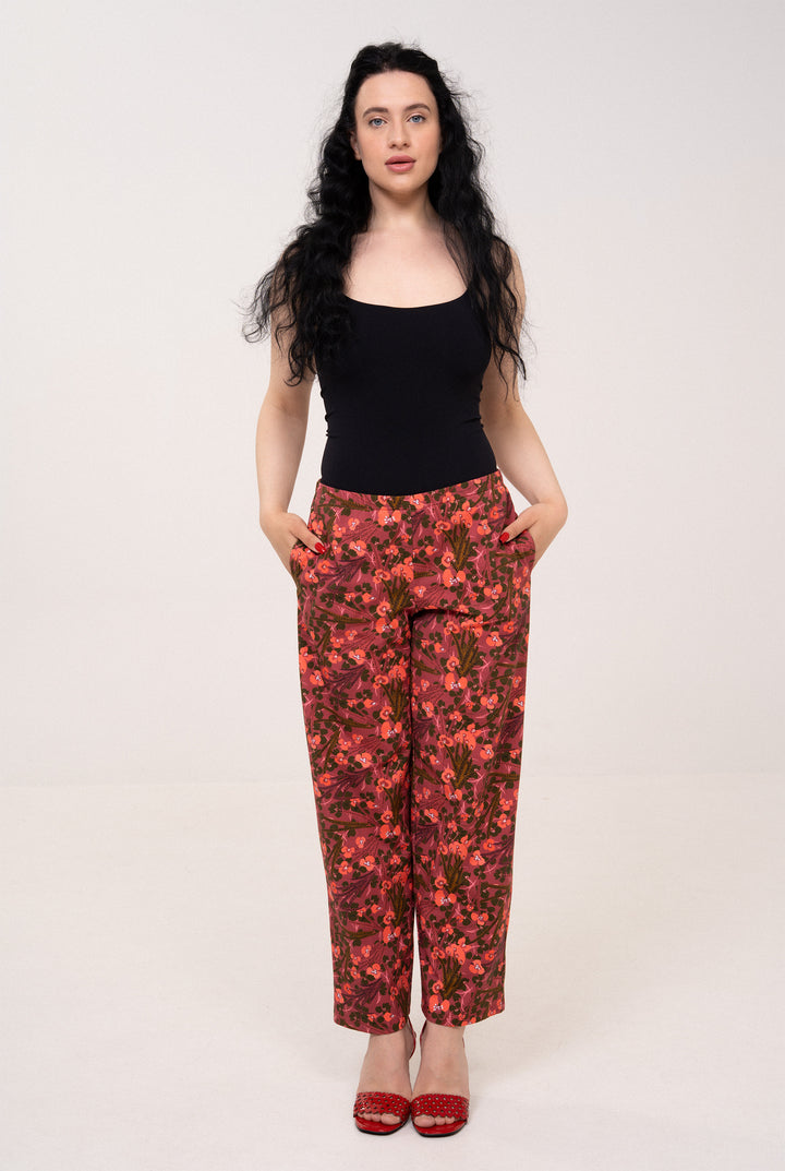 Cotton Mid rise pants - Wildflowers, red