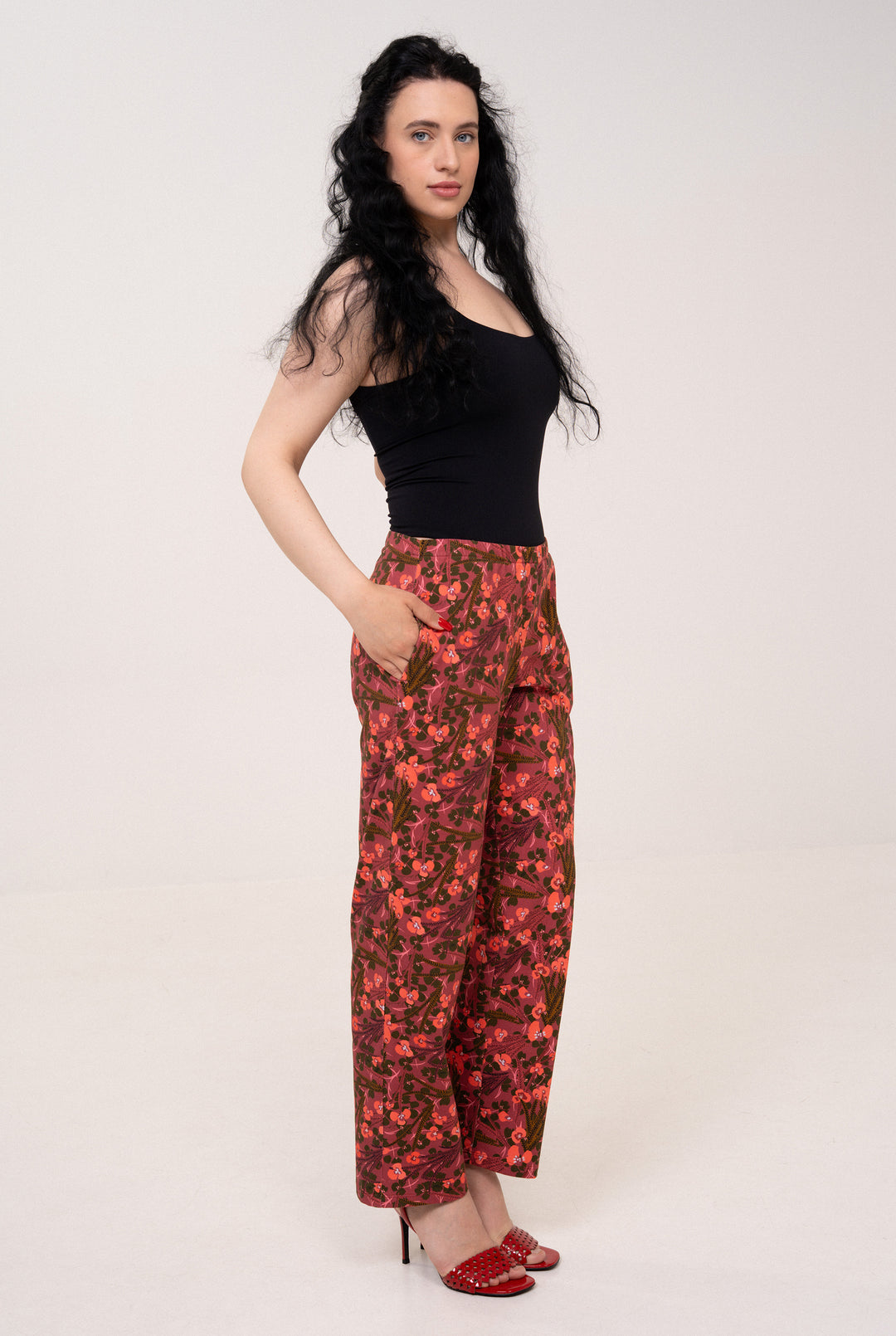 Cotton Mid rise pants - Wildflowers, red