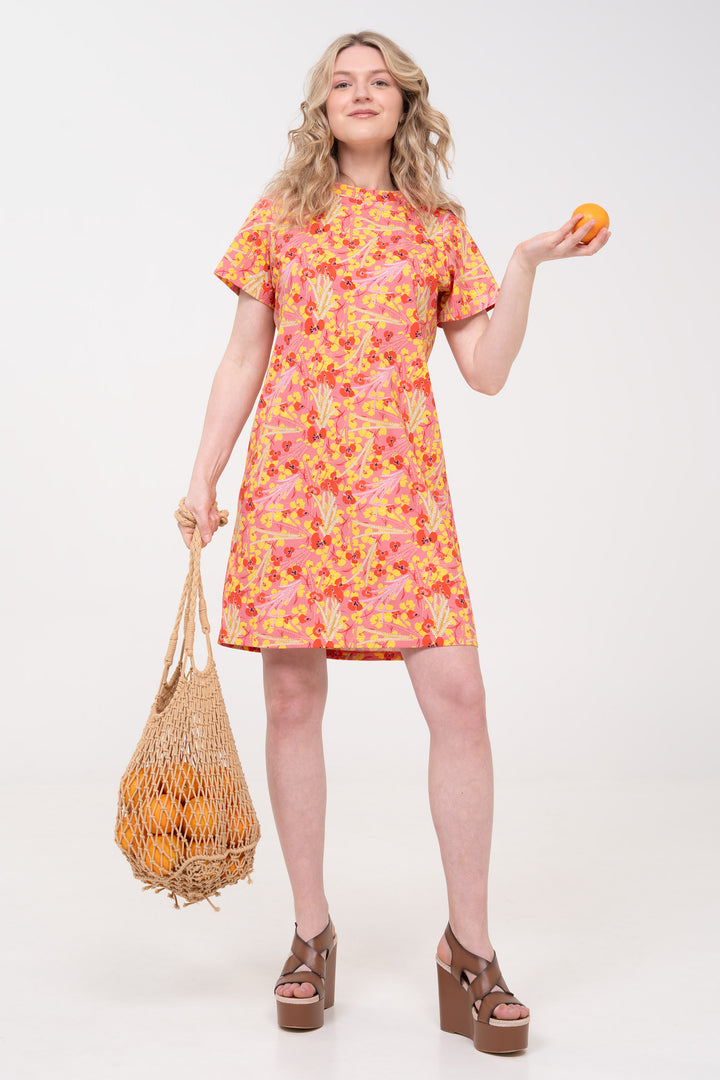 Robe T-shirt ample en coton - Fleurs sauvages, rose