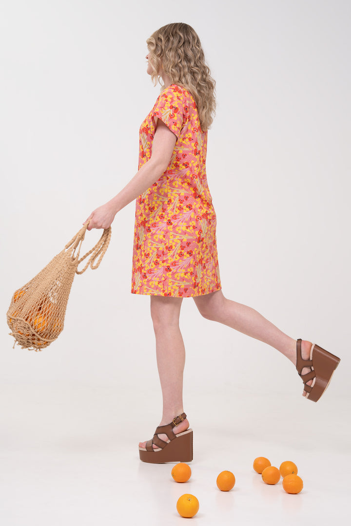 Robe T-shirt ample en coton - Fleurs sauvages, rose