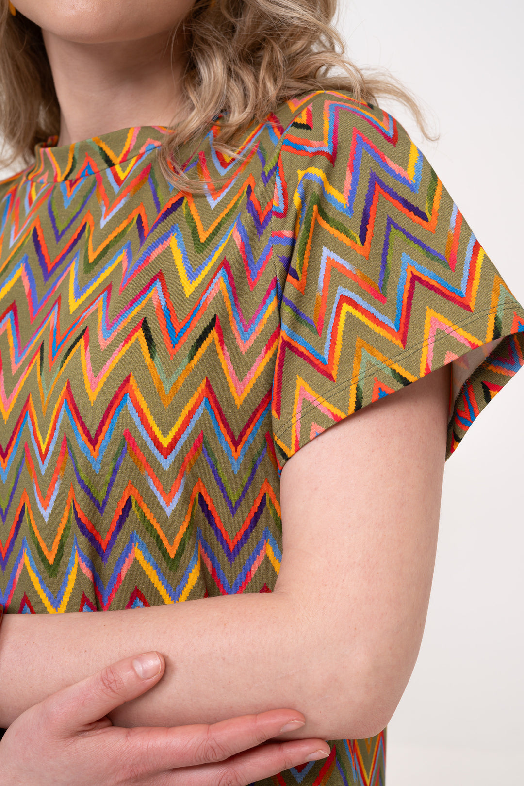 Cotton Loose Fit T-Shirt Dress - Zig Zag, Green