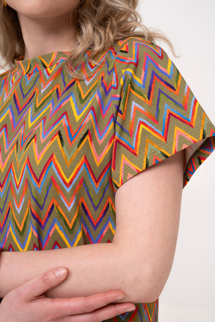 Cotton Loose Fit T-Shirt Dress - Zig Zag, Green