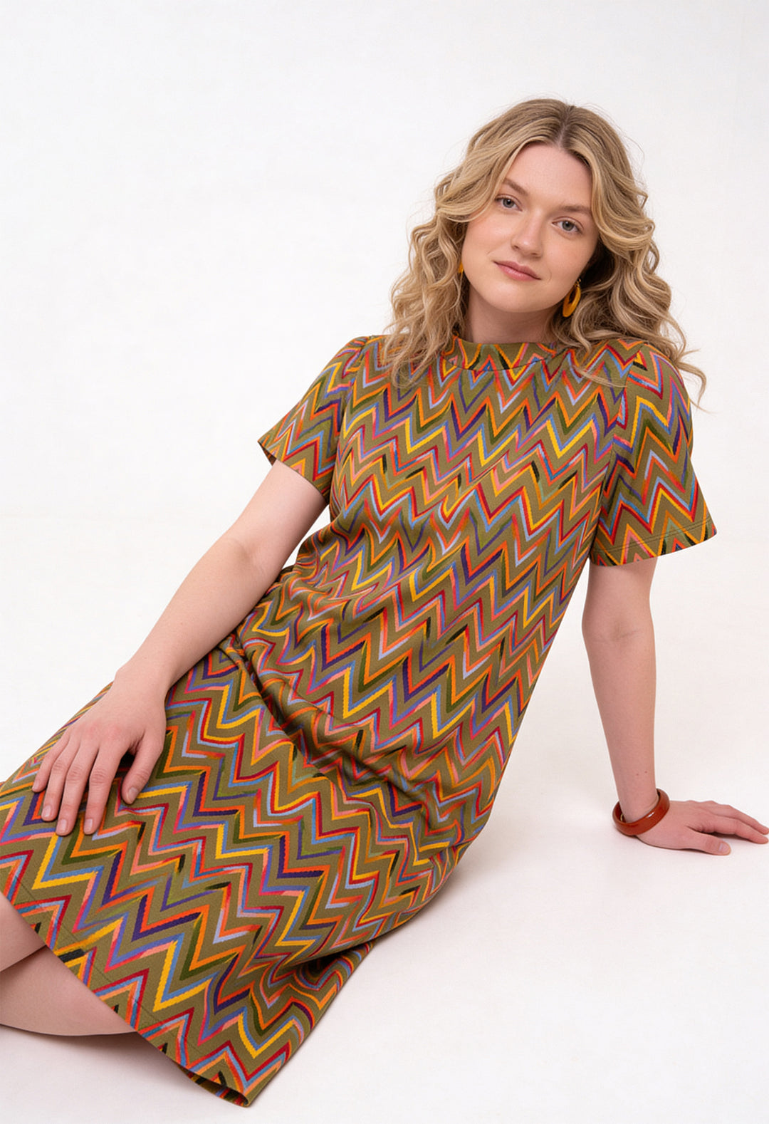 Cotton Loose Fit T-Shirt Dress - Zig Zag, Green