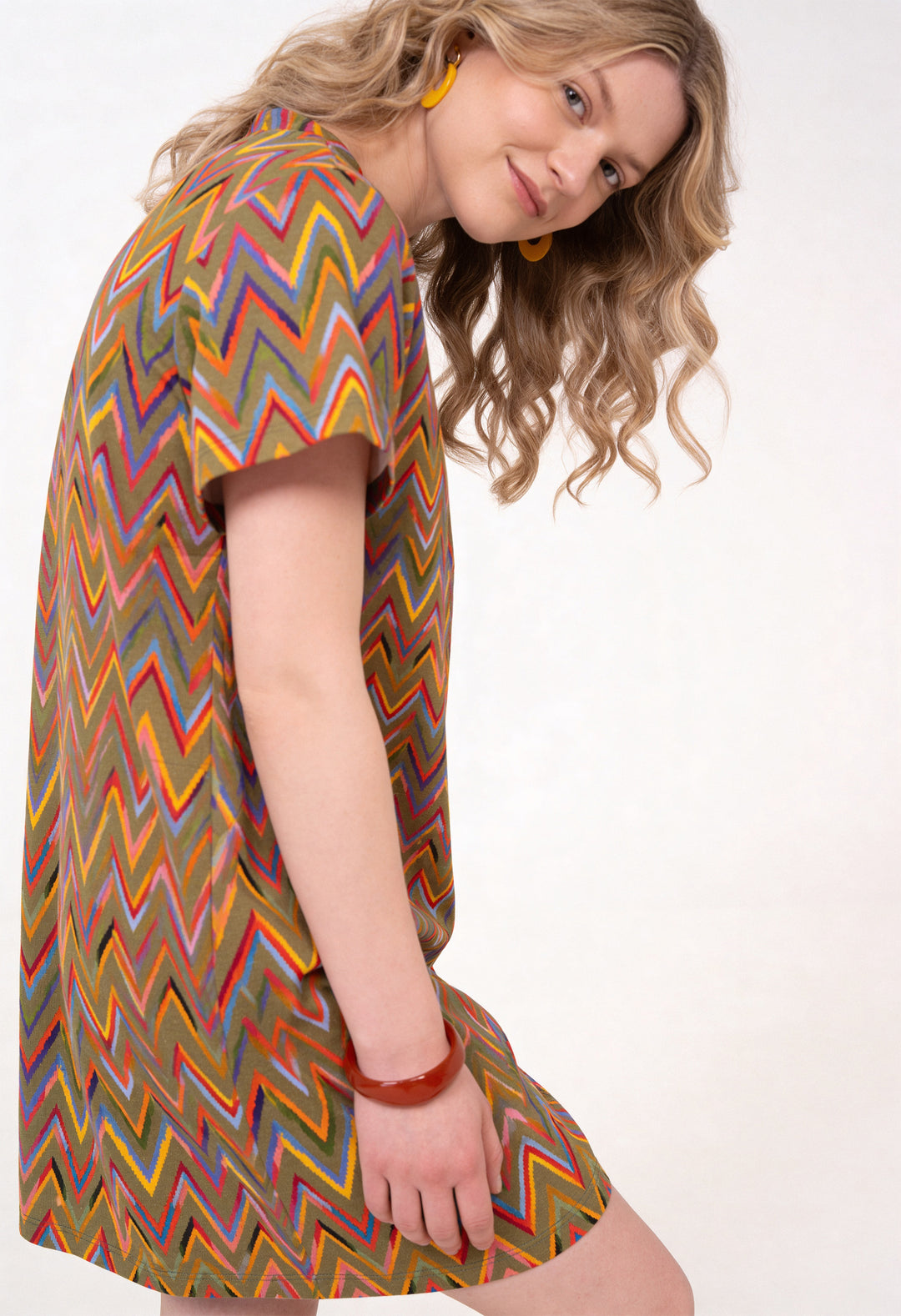 Cotton Loose Fit T-Shirt Dress - Zig Zag, Green