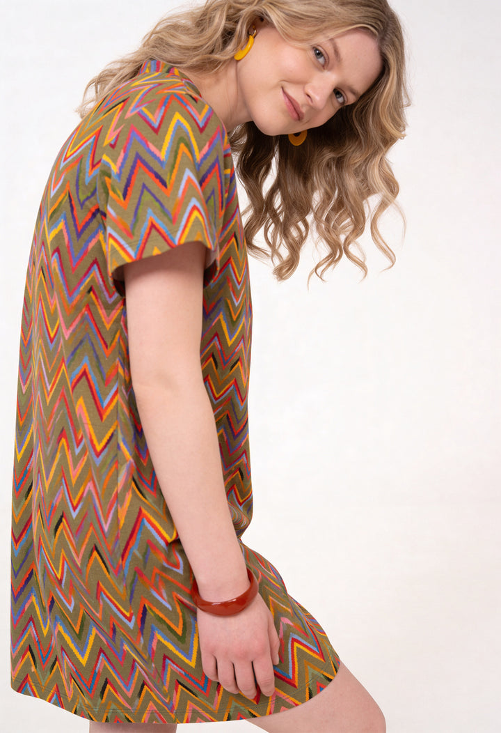 Cotton Loose Fit T-Shirt Dress - Zig Zag, Green
