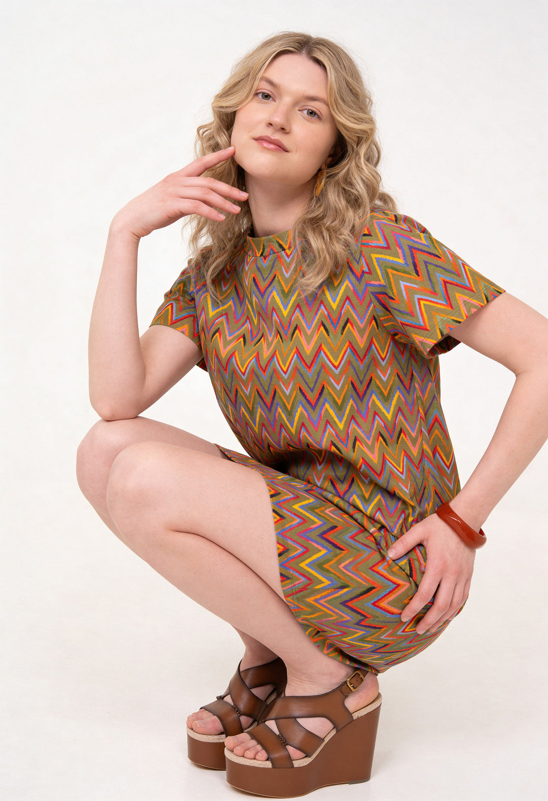 Cotton Loose Fit T-Shirt Dress - Zig Zag, Green