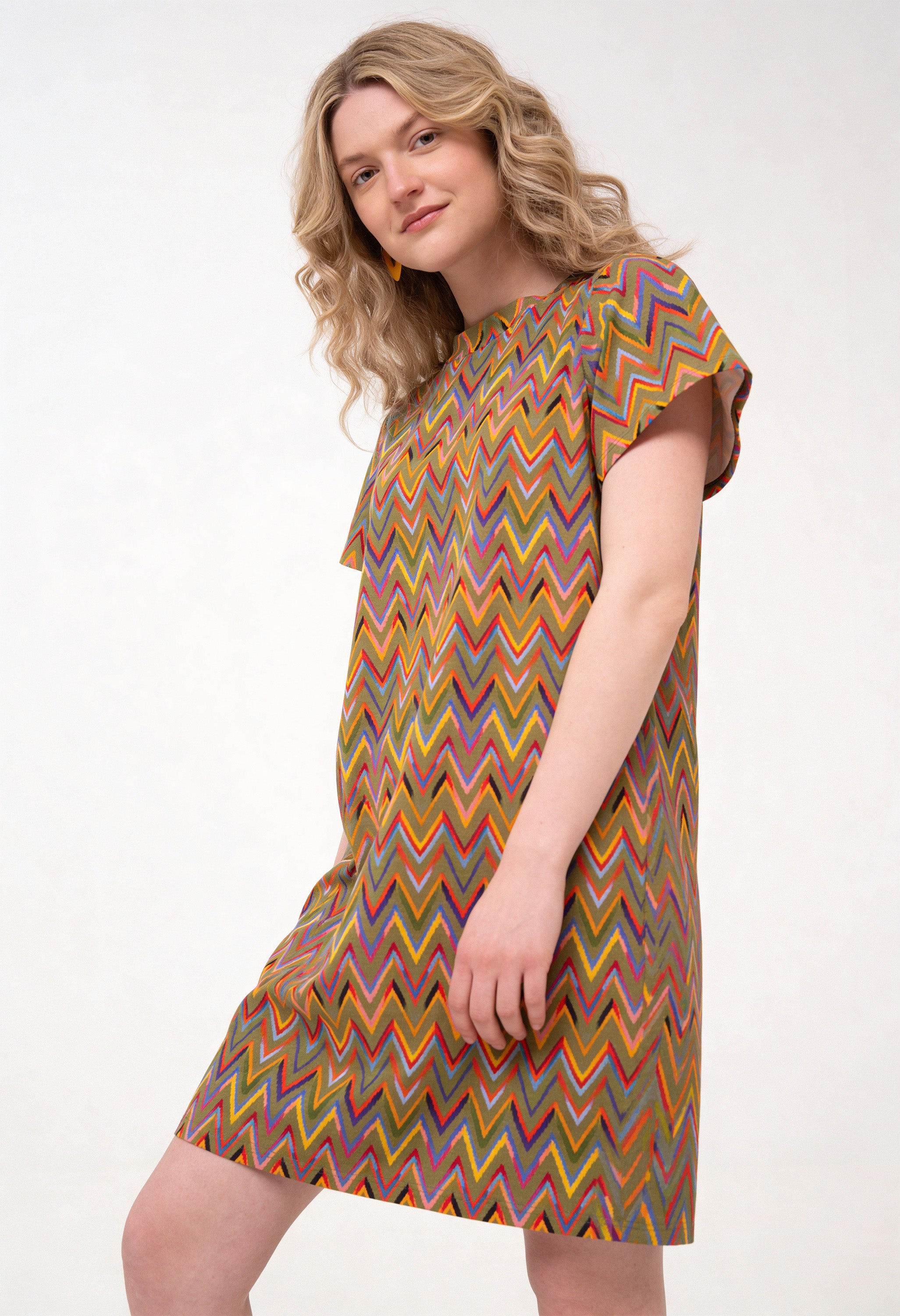 Cotton Loose Fit T-Shirt Dress - Zig Zag, Green