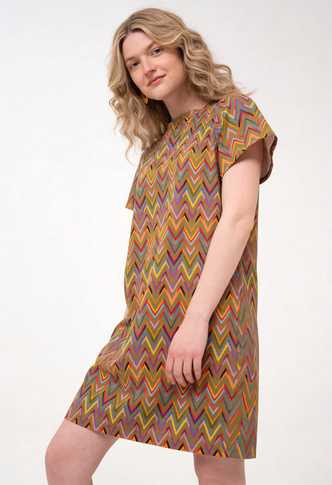 Cotton Loose Fit T-Shirt Dress - Zig Zag, Green