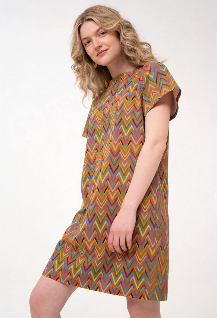 Cotton Loose Fit T-Shirt Dress - Zig Zag, Green