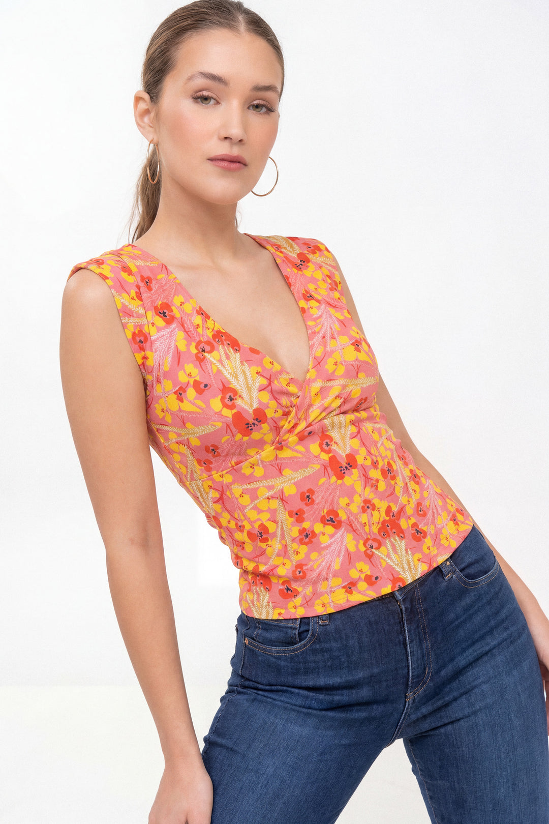 Haut croisé en coton - Fleurs sauvages, Rose