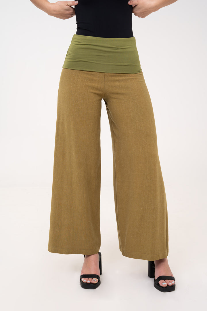 Fold-over Wide Leg Pants - Green