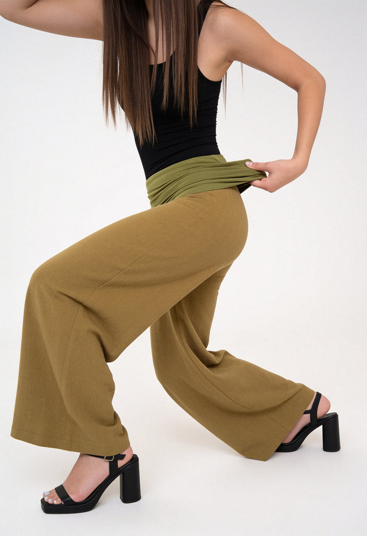 Fold-over Wide Leg Pants - Green