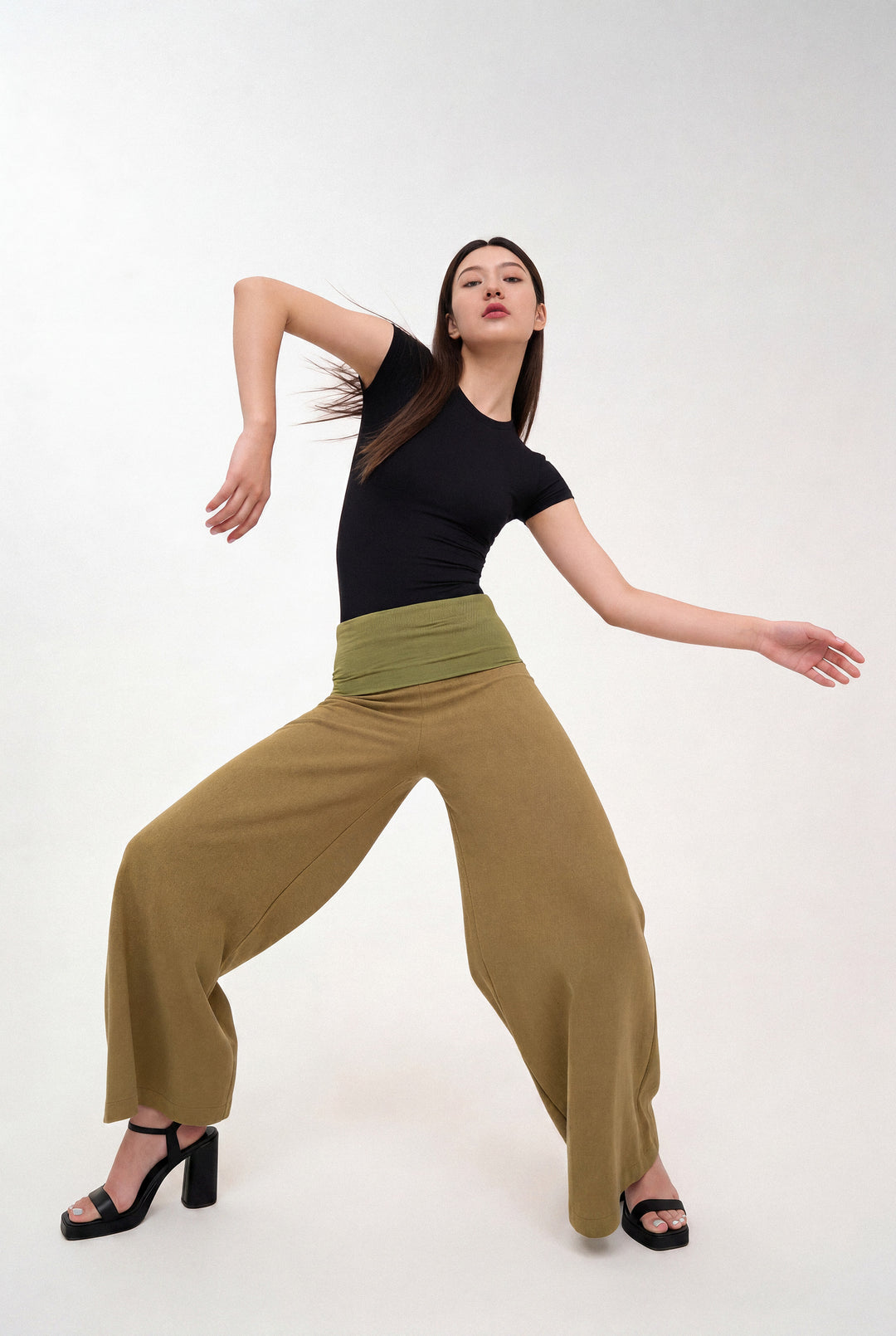 Fold-over Wide Leg Pants - Green