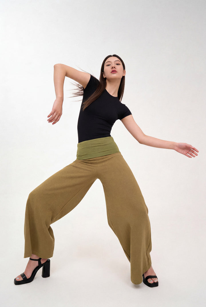 Fold-over Wide Leg Pants - Green